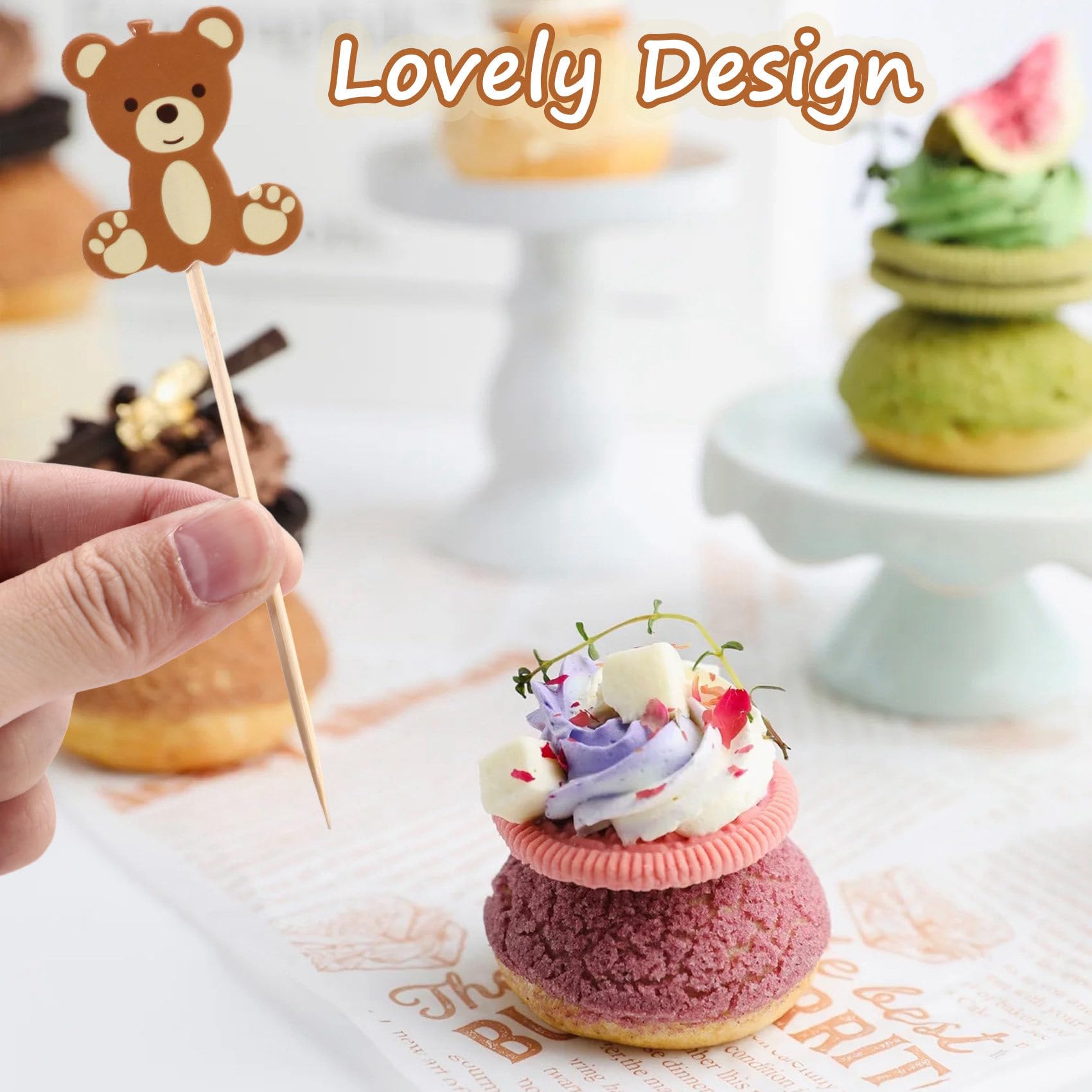 Oso Pics de Comida Pastel Postre Palillo de Dientes Tenedores de Frutas Boda Fiesta de Cumpleaños Ducha Decoración Suministros 100 Piezas de Madera