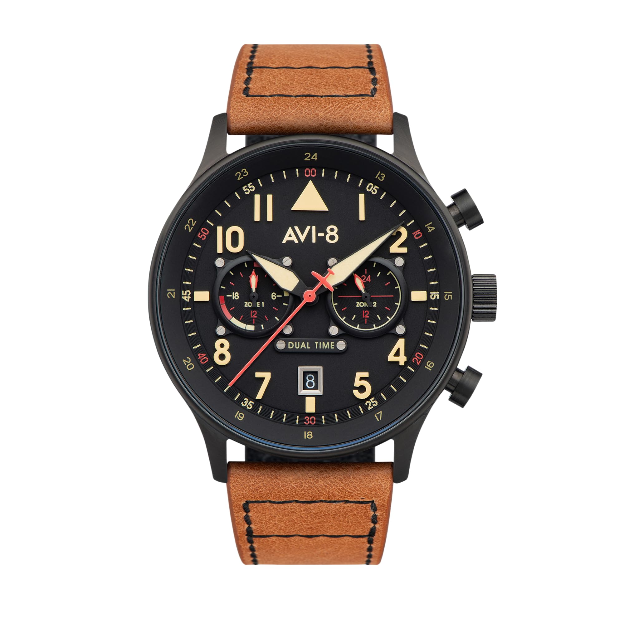 AVI-8 Mens 43.5mm Hawker Hurricane Carey Dual Time Debden Japanese Quartz Pilot Watch with Leather Strap AV-4088-03