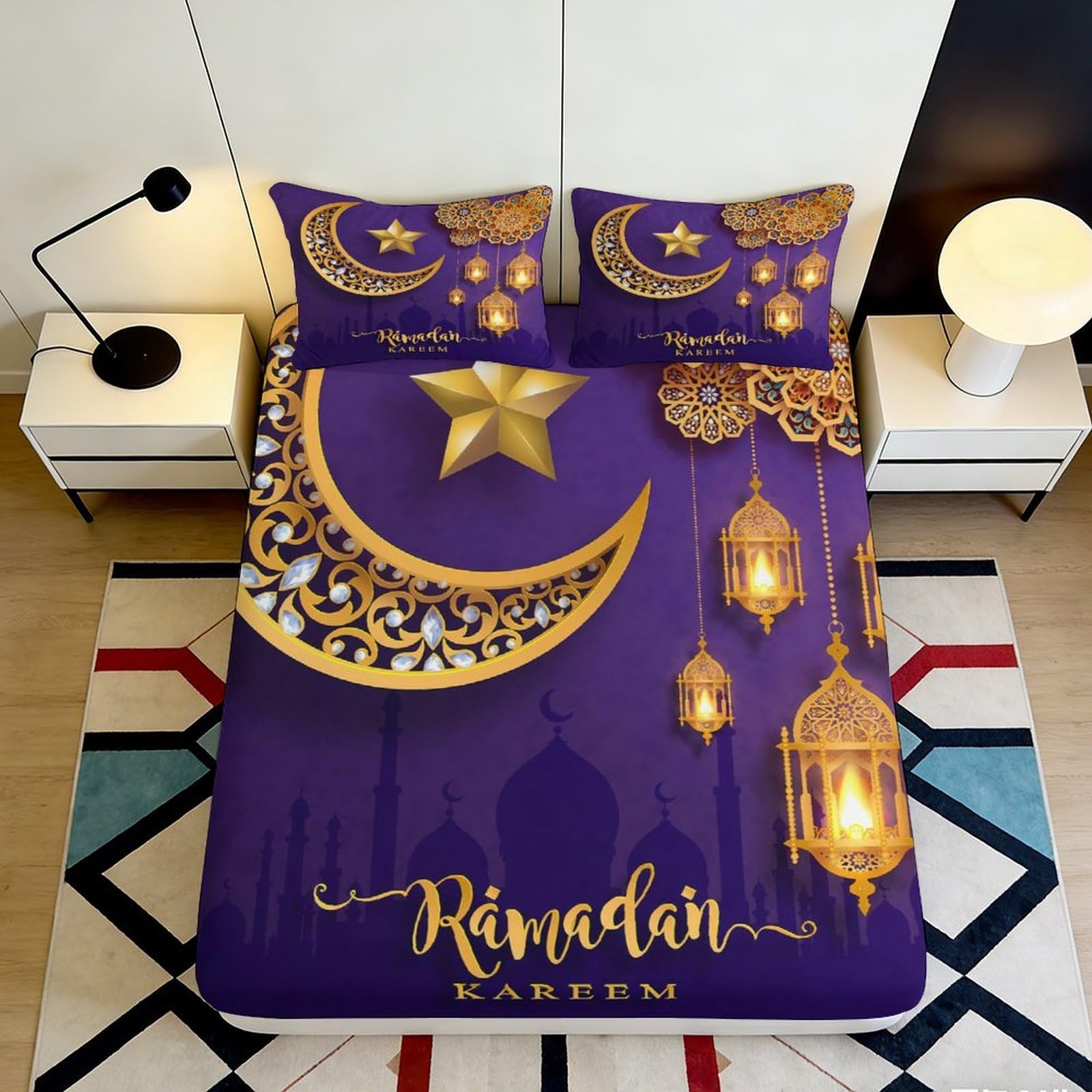 3D Printed Crescent Star Decor Fitted Sheet Microfiber Deep Pocket Bedroom Bedding Lantern Theme Mattress Fitted Cover for Adults Teens 200x200x25cm 90x200x25cm