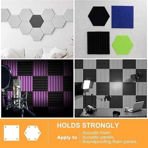 Miniatura 6 de Sonicism Pyramid - Paneles de espuma insonorizante con cuadrados de cinta adhesiva de doble cara, paquete de 60, cinta de montaje en pared