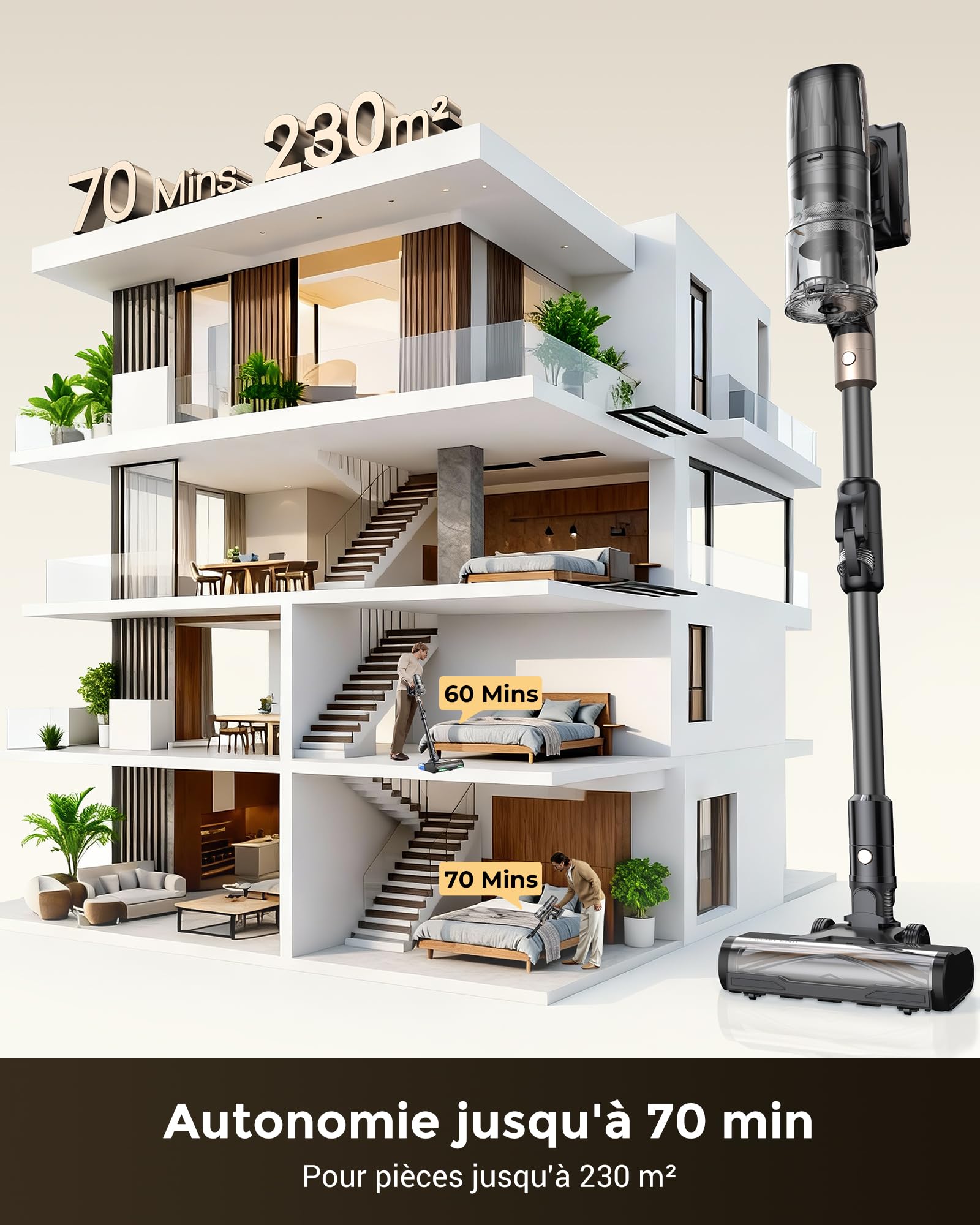 70Kpa Aspirateur Balai sans Fil,Proscenic 680W/70Min Aspirateur Laveur avec Nettoyage de Sol,Aspirateur Pliable sans Fil Puissant,Autoportante,Brosse Anti-Enmêlement pour Tapis,Poils Animaux,Voit