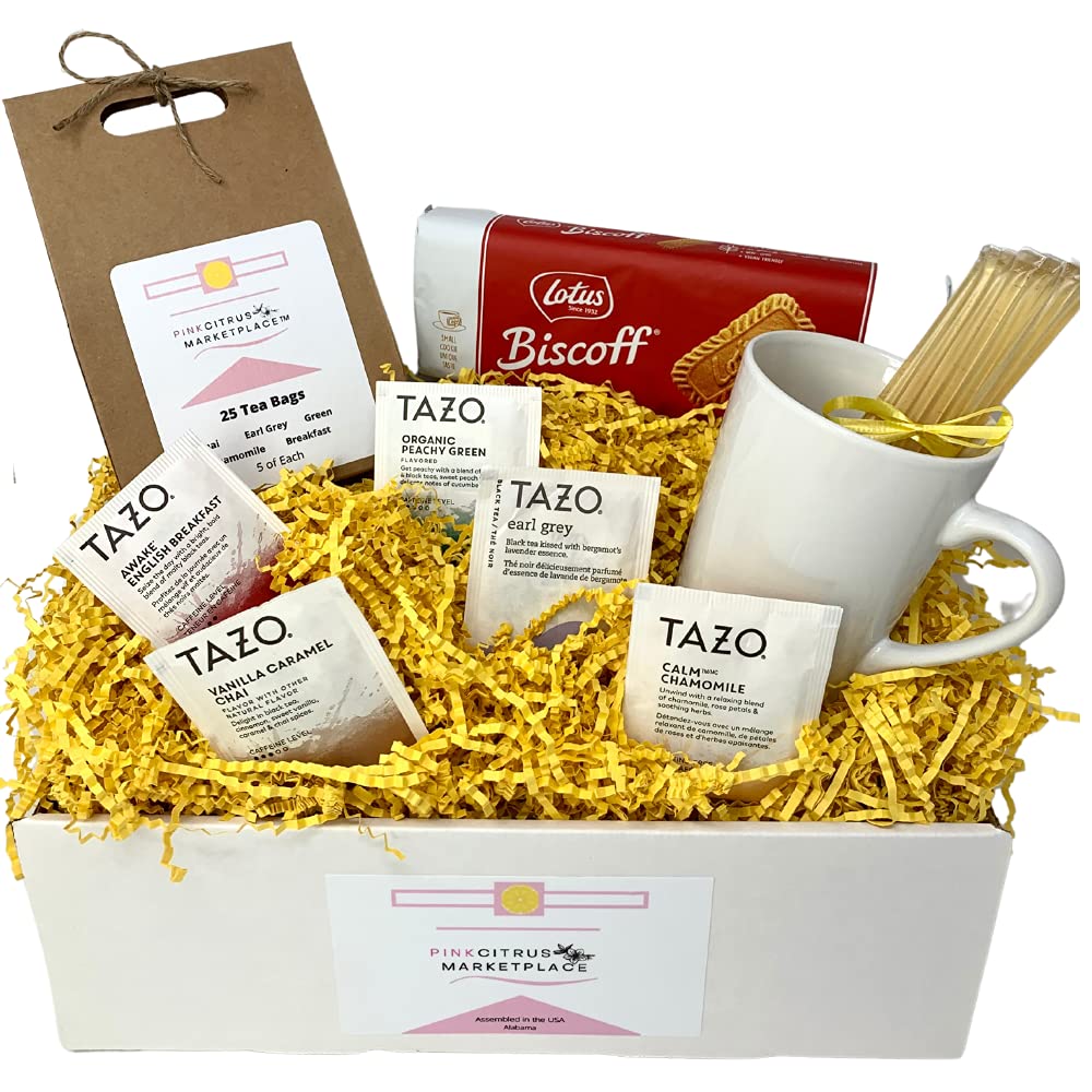 Tea And Cookie Lovers Gift Set Basket Box Care Package With Honey Sticks And White Bistro Mug Thinking Of You, Get Well Soon, Birthday Ideas For Women, Men, Family And Friends