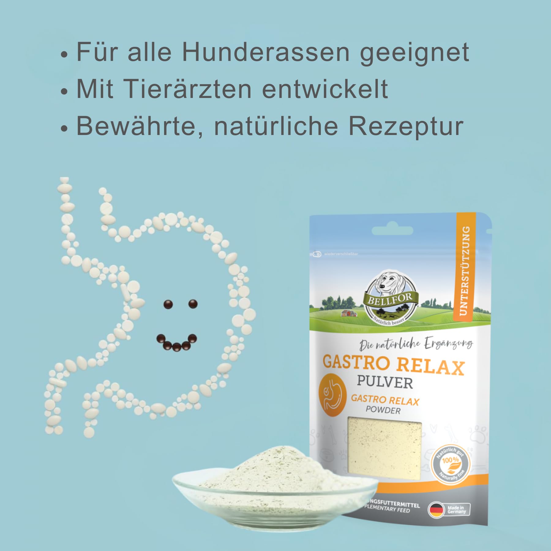 Bellfor Gastro Relax Poudre Complément alimentaire pour chien avec lactosérum en poudre, pectine et bentonite, complément alimentaire naturel pour soutenir la digestion, 250 g