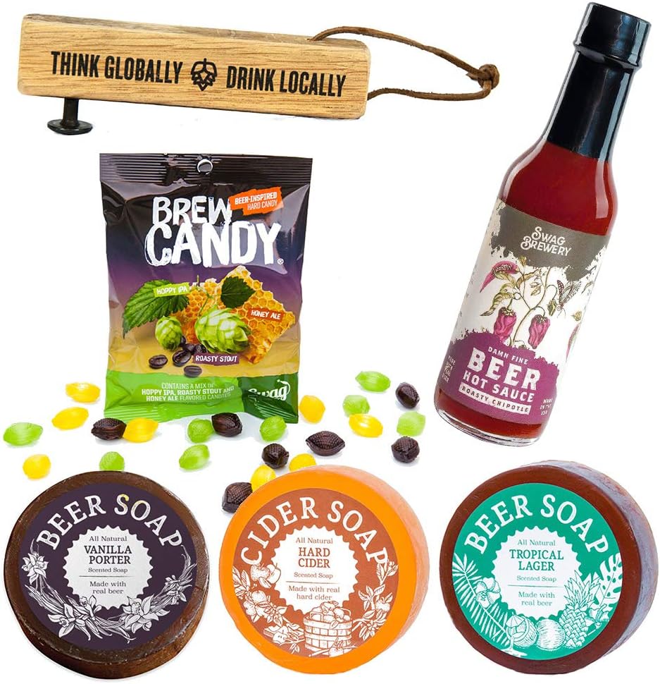 Beer Stuff Survival Kit - Great Gift Set for Beer Lovers, Man Cave Gift Basket with Beer Soap, Beer Candy, Beer-infused Hot Sauce, and Bottle Opener Made From Whiskey Barrels, Great Father's Day Gift