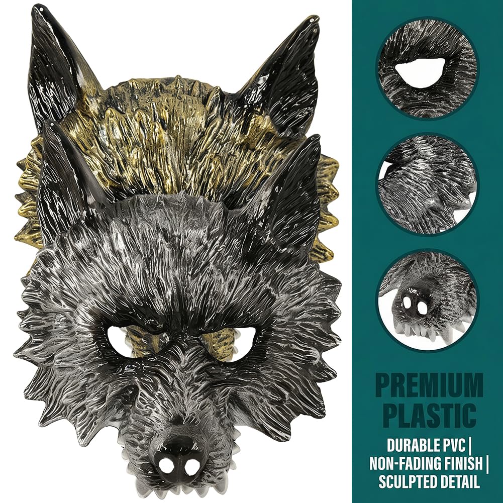 HATFRYF Wolf Masquerade Mask, Silver Gold Wolf Head Mask, Vintage Funny Animal Wolves Head Masks - Image 3