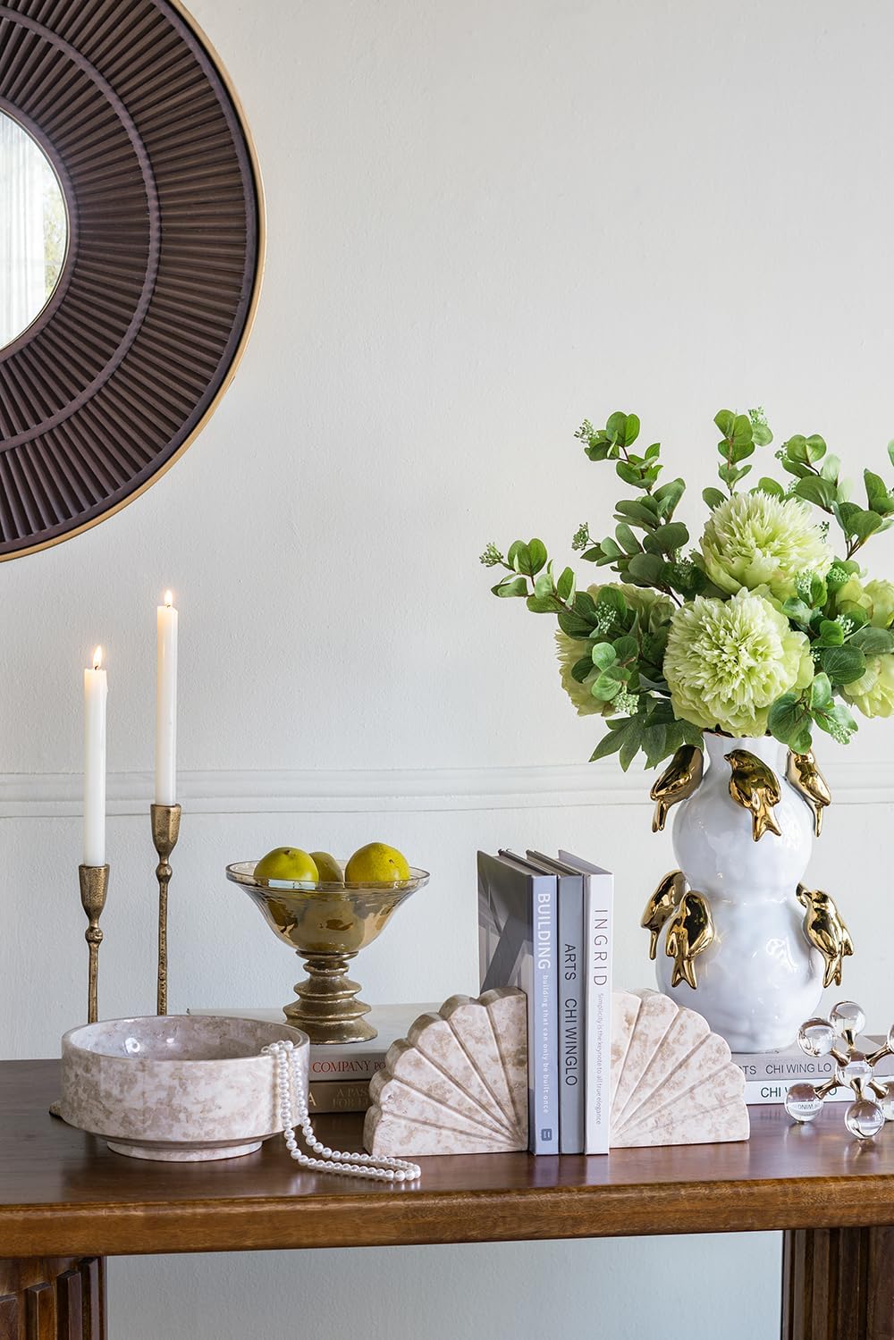 A&B Home Scalloped Quarter Circle Bookends - Set of 2 Decorative Marble Bookends, Home and Office Tabletop Decoration, Living Room Console Table Bedroom Bookshelf Accent Piece, 8.3" x 5.3" x 6.9"