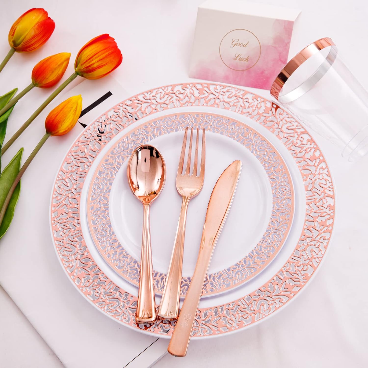 WELLIFE 175 Pieces Rose Gold Plastic Dinnerware,Rose Gold Dinnerware Set Include: 25 Dinner Plates 10.25", 25 Salad Plates 7.5", 25 Cups, 50 Forks, 25 Knives and 25 Spoons for Party - Image 7