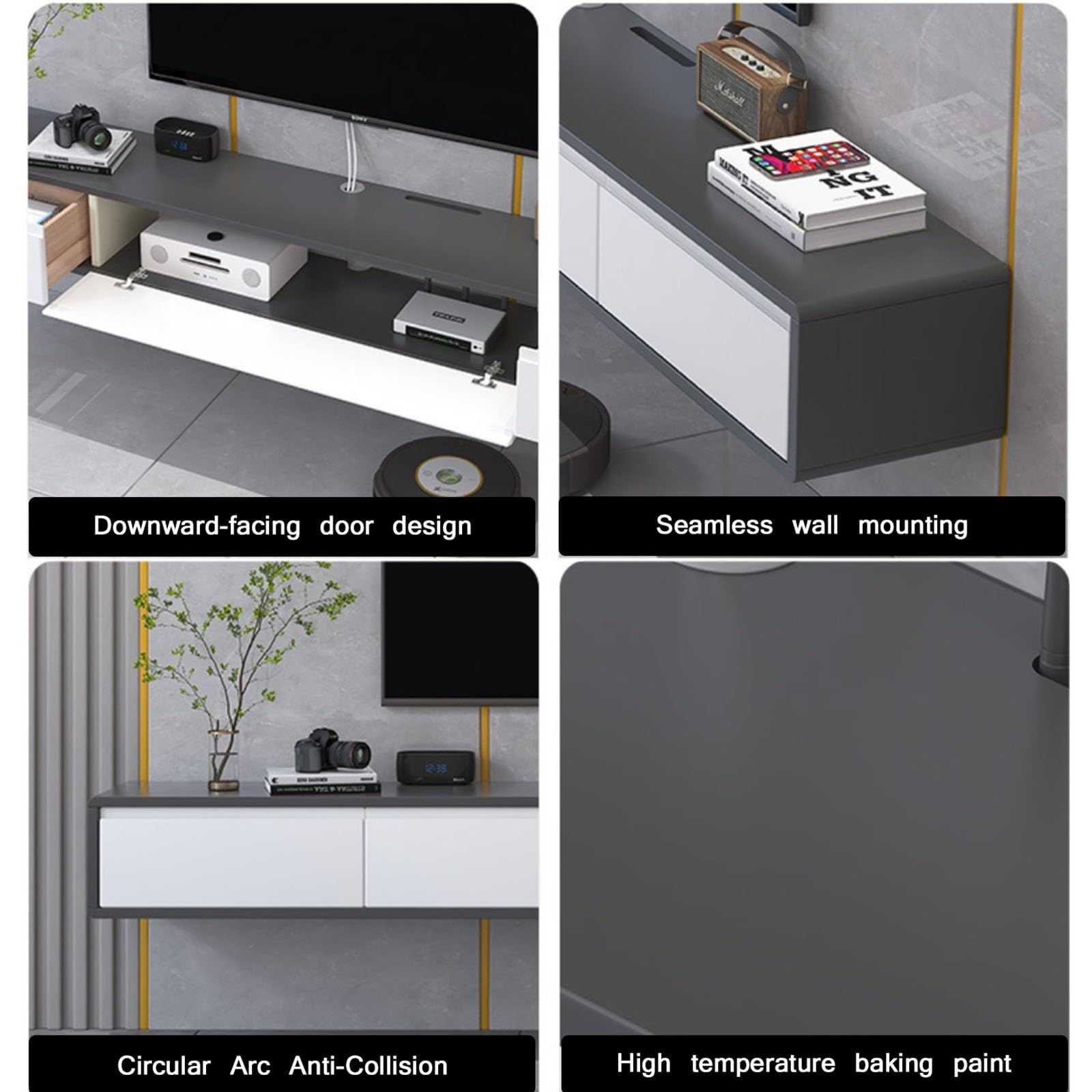 Schwebende TV-Einheit, Wandhalterung, Konsole mit 2 Schubladen, Wandmontage, Media-Entertainment-Center, Multimedia-Aufbewahrungsregale, Schwarz und Weiß, 120 cm