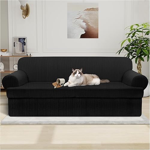 Miniatura 89 de Funda para sofá 100% impermeable, juego de 4 piezas, funda de sofá a rayas para sofá de 3 cojines, con parte inferior de TPU a prueba de fugas