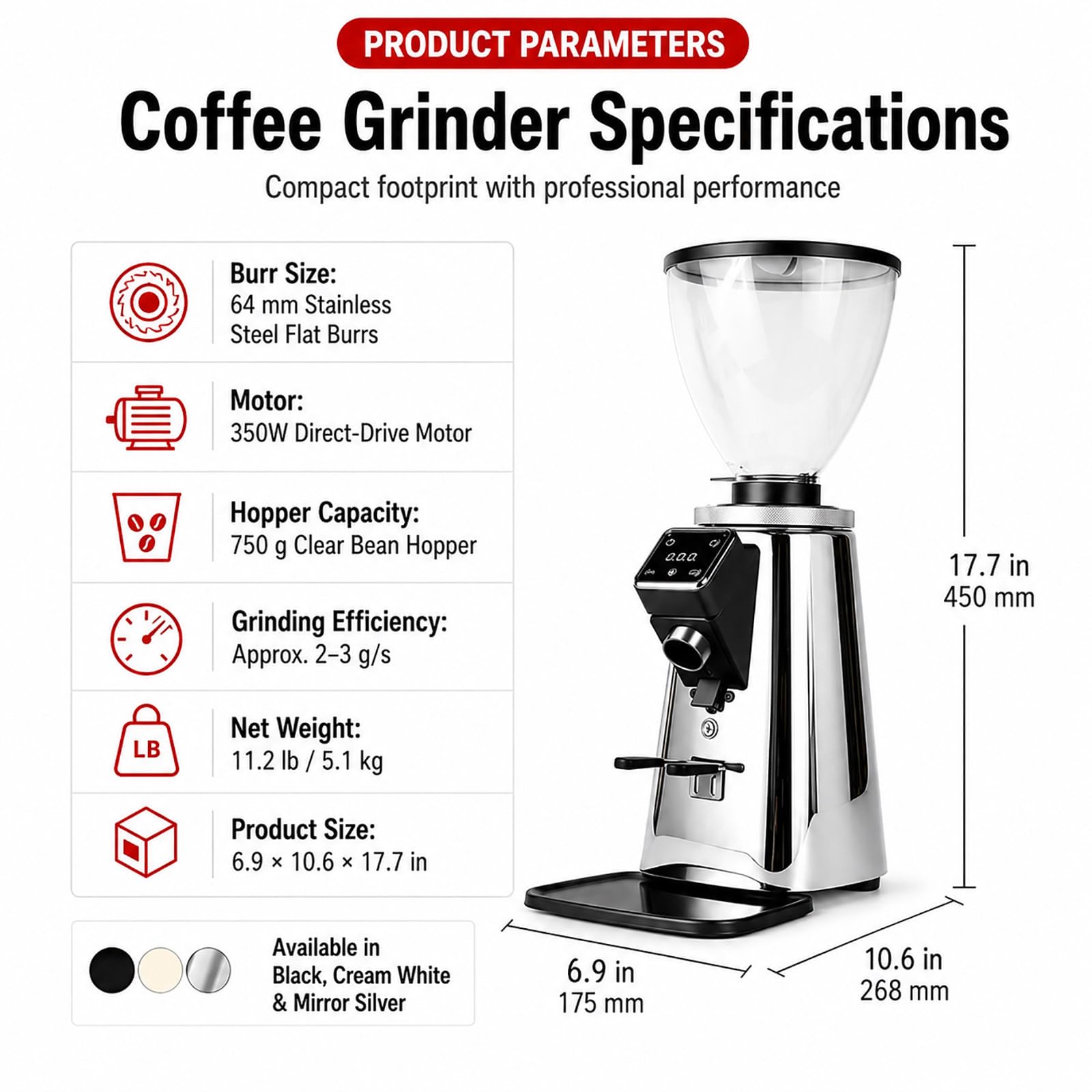 Molino Café Barista con Accionamiento Directo - Molienda Regulable, Conducto Magnético, Soporte para Portafiltro Black
