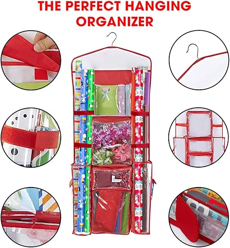 Miniatura 3 de Primode Almacenamiento de papel de regalo colgante  Organizador de papel de regalo de doble cara  Bolsillos para bolsas de regalo, cinta, lazos y