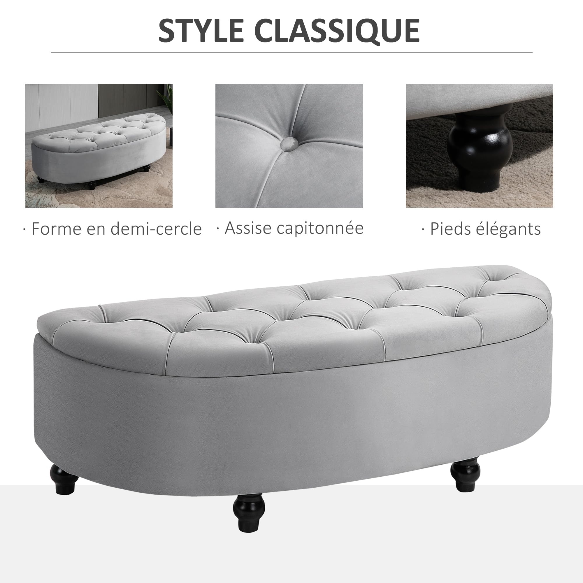 HOMCOM Banc de Rangement Capitonné Demi-Cercle 120 x 46 x 42 cm Gris