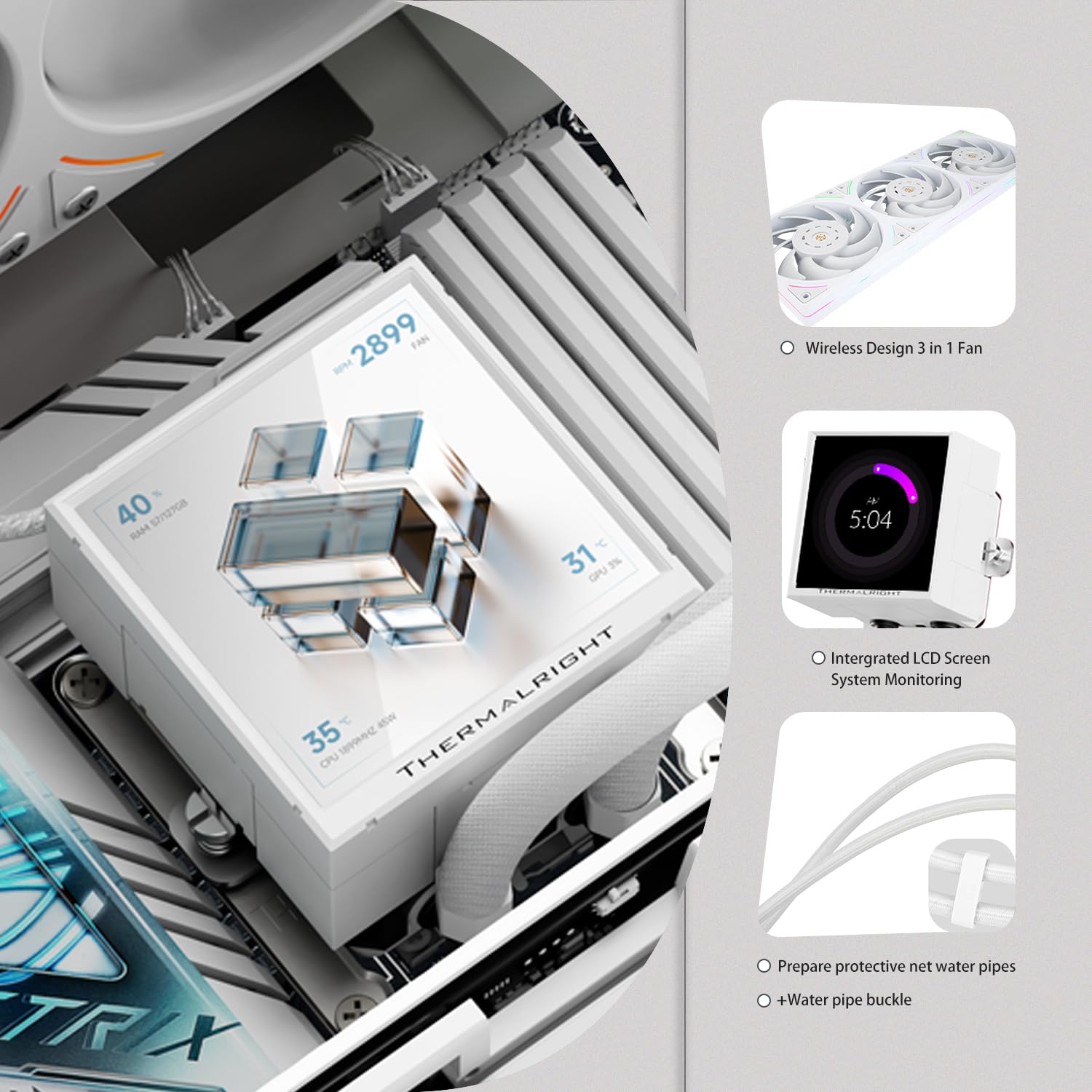 TR-Thermalright Peerless Vision 360 UB ARGB - Dispositivo di raffreddamento per CPU liquido bianco, schermo IPS LCD da 3,95 pollici con risoluzione 480 x 480, Aio da 360 mm, scarico combinato ventola