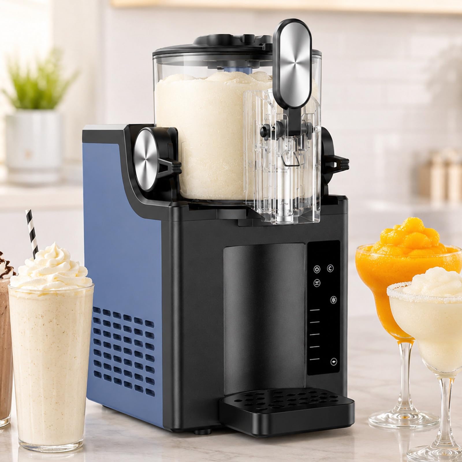 pealiritansemen Slush Machine Commercial 1.5l Countertop Design, Slushie Maker with Touch Control No Ice Needed for Cafes Parties Milkshakes And Soft Serve, 4 Modes & Adjustable Texture Blue