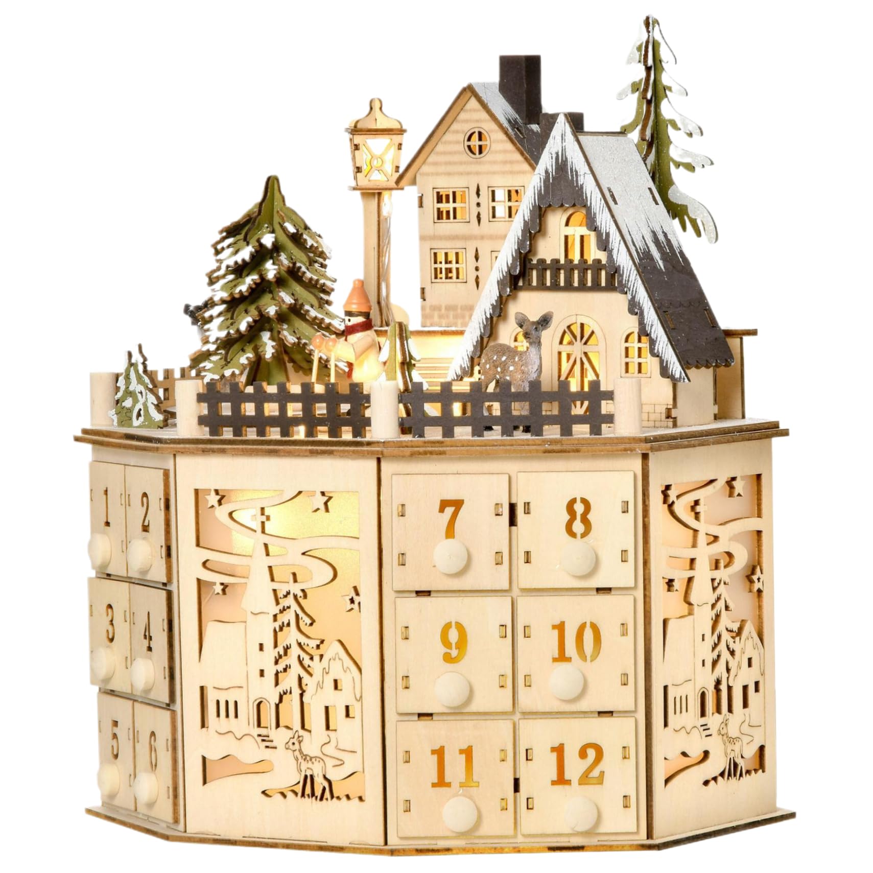 Calendrier de l'Avent en bois, calendrier de l'avant de Noël avec musique, calendrier de l'Avent avec 24 tiroirs, calendrier de Noël éclairé