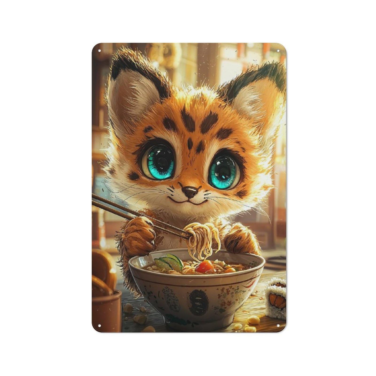 Junmoney Style-17 Cute Cat Eating Ramen Rustic Metal Sign 30X20cm, Barn Style Farmhouse Wall Decor For Kitchen, Cottage, Porch Or Garden Room