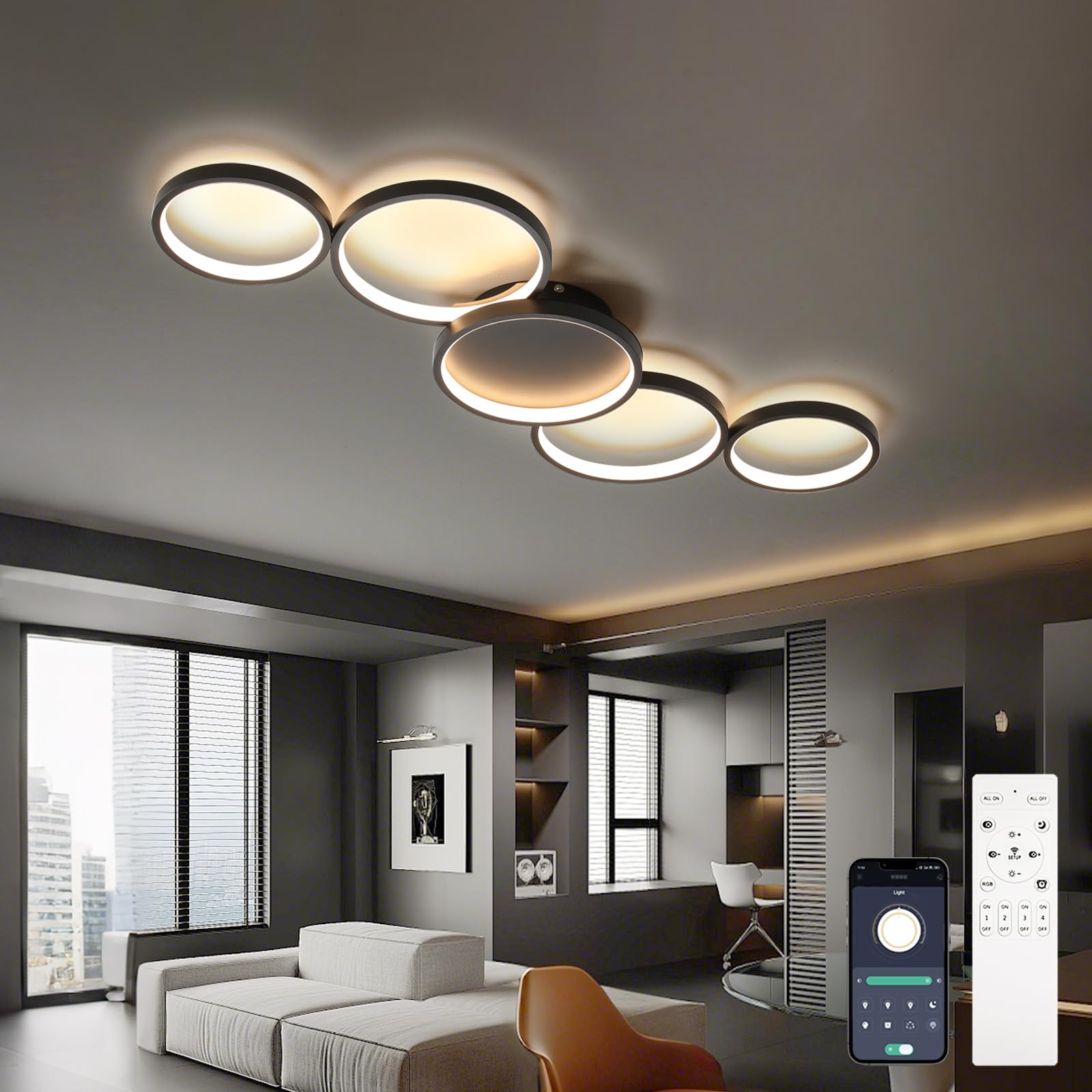 AQLEDY Modern 5 Rings Led Ceiling Lighting 99cm, 3000K-6500K Dimmable Bedroom Ceiling Lamp Also for Living Room, No Flicker, Light Memory Function, Timer, Remote Control APP (Black)
