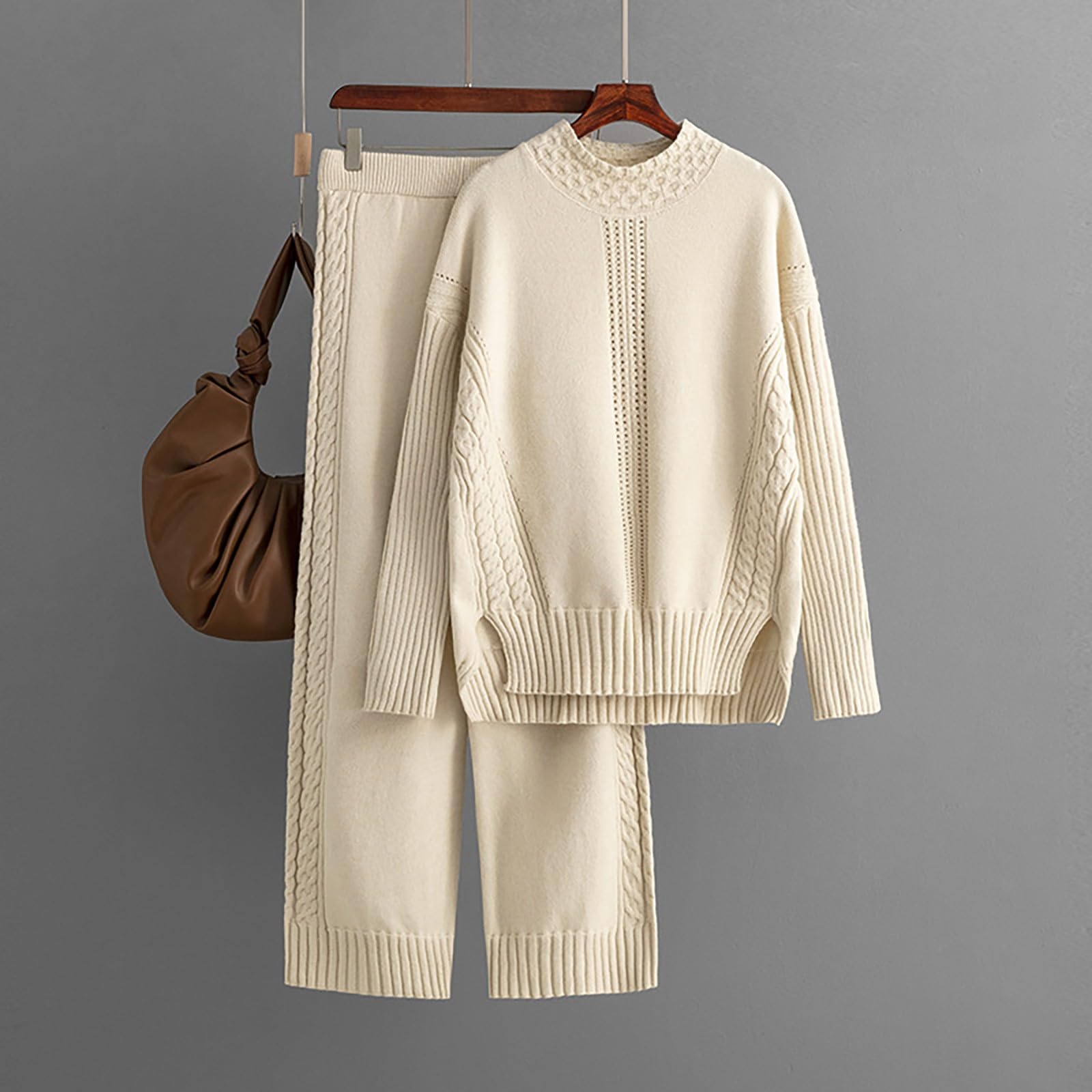 Pigiama lavorato a maglia per le donne UK inverno caldo maglione a costine vestito tinta unita manica lunga pigiameria biancheria da notte morbido girocollo pigiama set due pezzi comodo loungewear