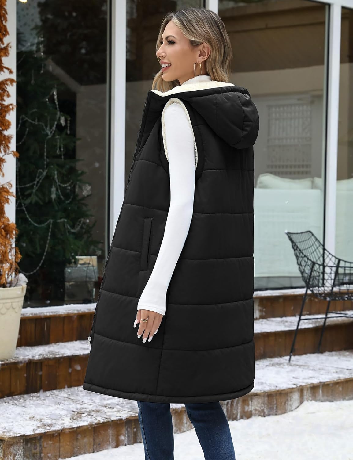 Womens Long Fleece Vest Sleeveless Zip Vest Sherpa Quilted Jacket Trendy Warm Fall Winter Coat Outerwear 2025 - Image 3