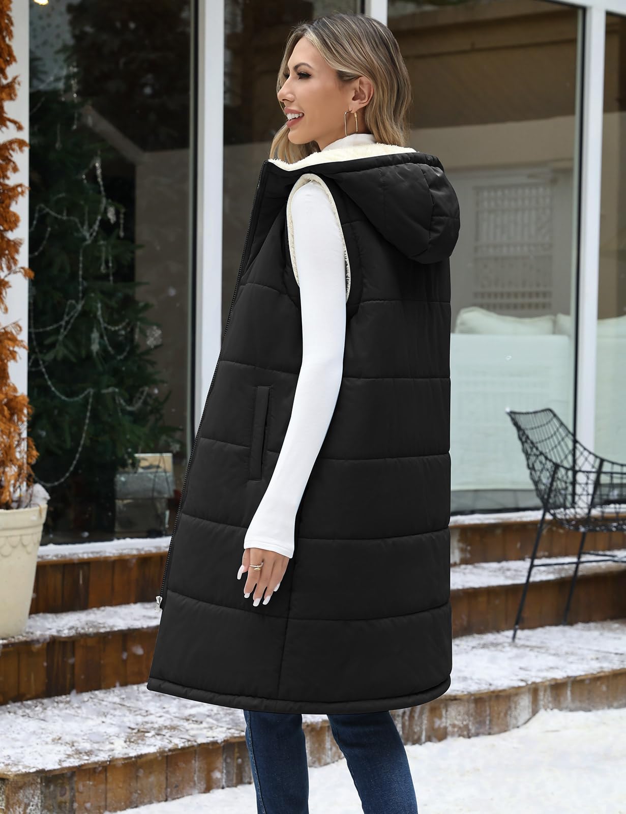 Vancavoo Chaleco Acolchado Mujer con Capucha Chaqueta sin Mangas Abrigo Plumas Largo Invierno Cálidos Chaleco de Forro Polar Outwear