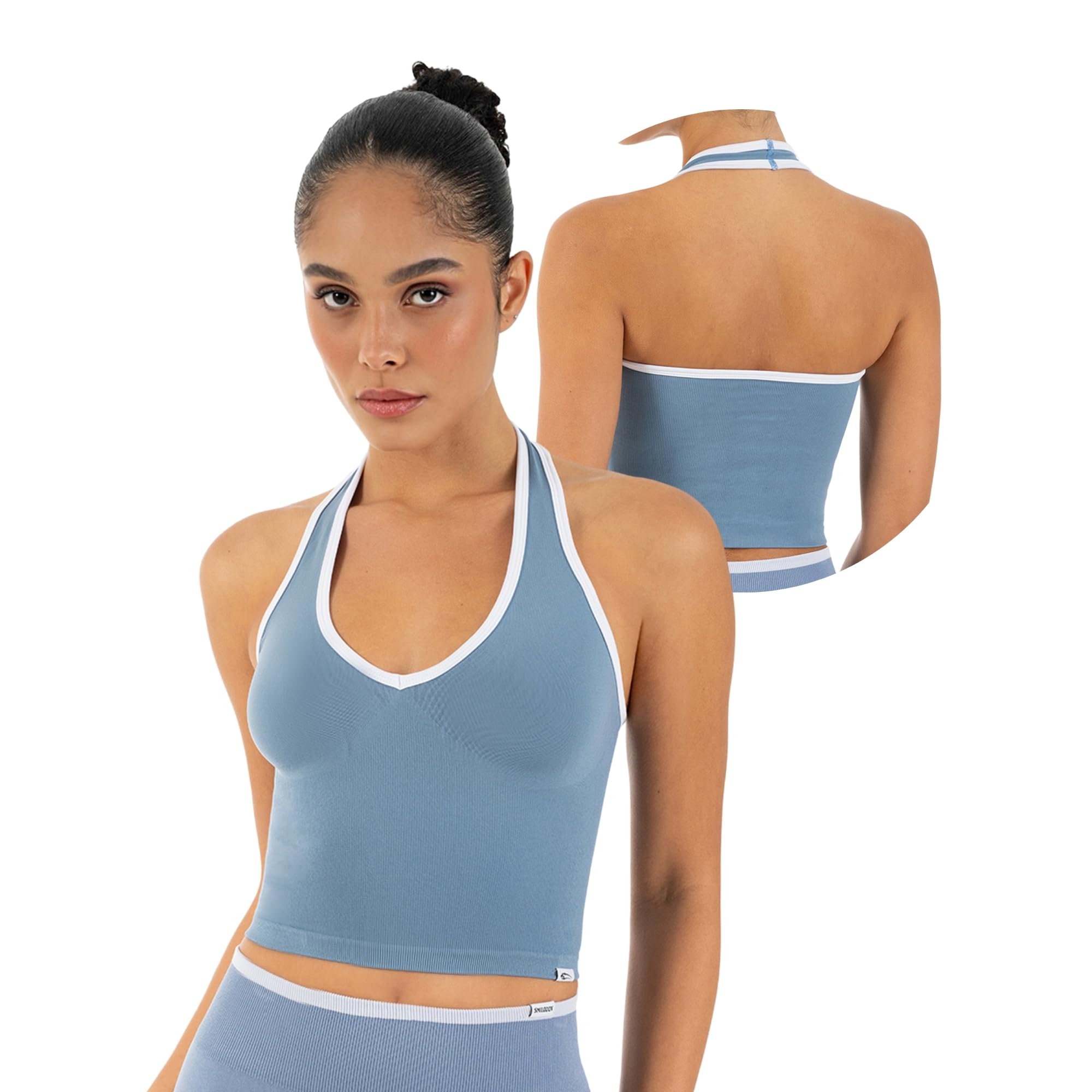 SMILODOX Sport Top Damen Theda Shaped Fit Halterneck Bustier, Seamless Fitness Top mit V-Ausschnitt & Kontrastkante, Sport BH Alternative für Gym, Yoga & Alltag, Trainings Top Damen