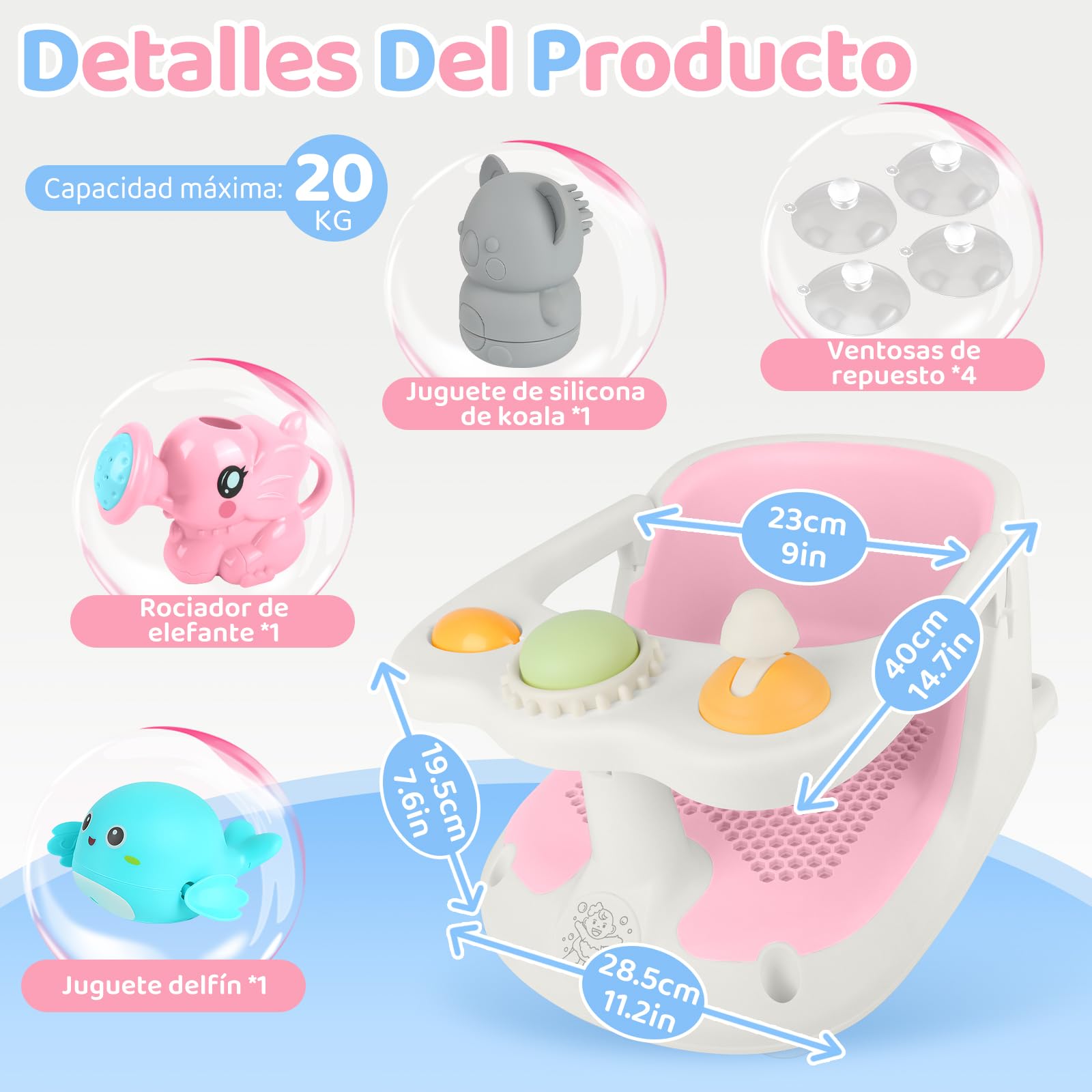 Aragallant Asiento de Baño para Bebé de 6+ meses, Silla Bañera Bebé Antideslizante, Asiento Ducha Bebe con 4 Ventosas, Silla para Ducha de Bebe con Juguetes, Soporte Bañera Bebe (Rosa)