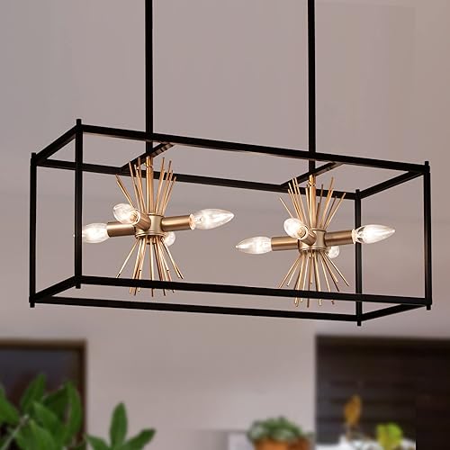 Uolfin Lámpara de araña de oro negro, moderna casa de campo de 8 luces rectangulares para isla de cocina, comedor y sala de estar