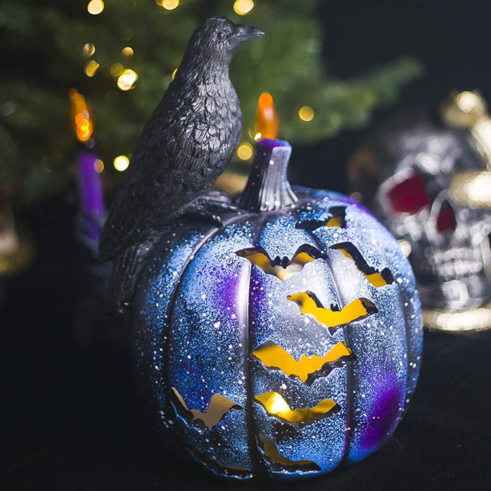 WHHJW 3D Hollow Bat Pumpkin, with Standing Crow, Halloween Stereo LED Decorative Lamp, Resin Figure Statue Ornament Light, for Halloween Christmas Carnival