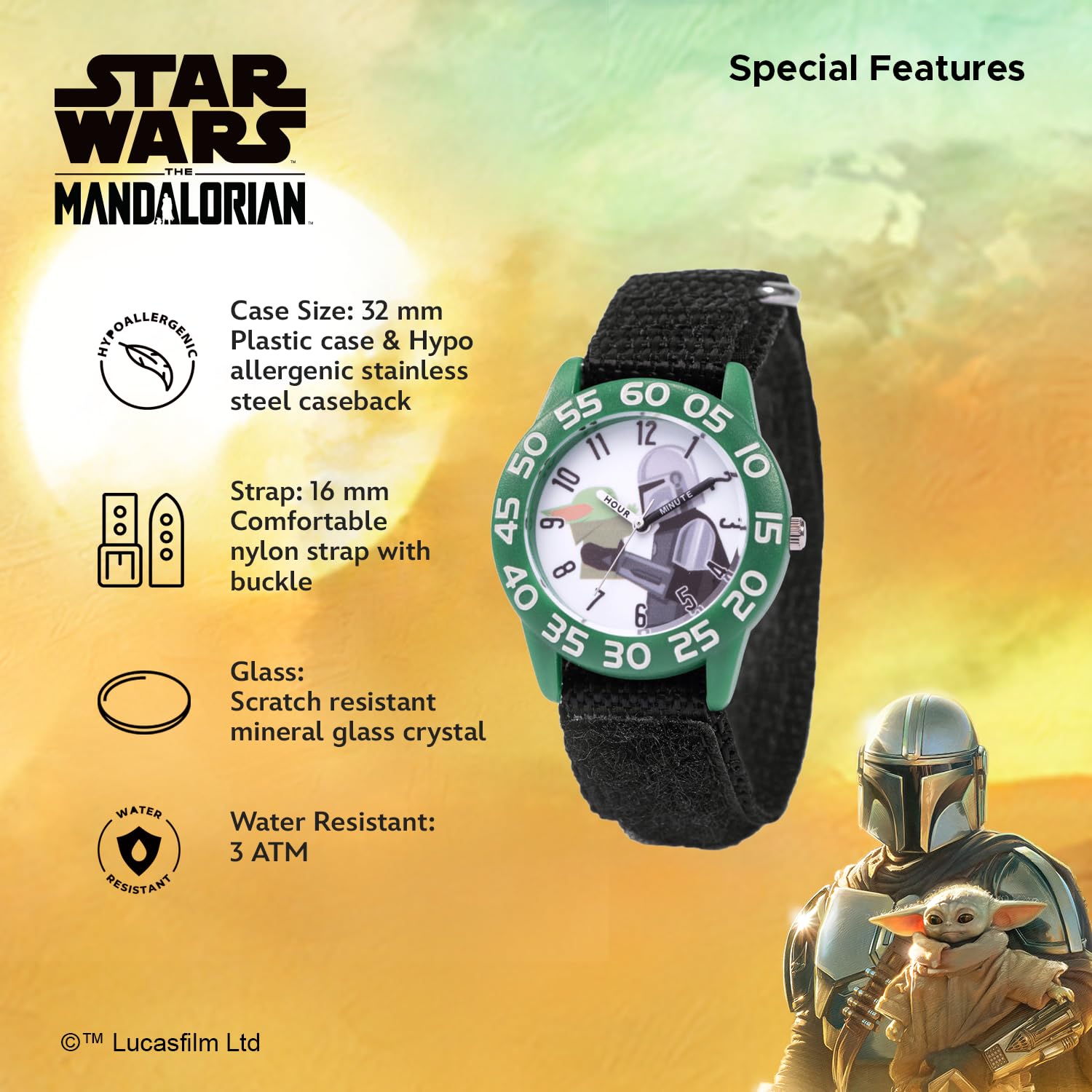 STAR WARS The Mandalorian Kinder-Armbanduhr mit Quarzuhrwerk, analog, mit Nylonarmband