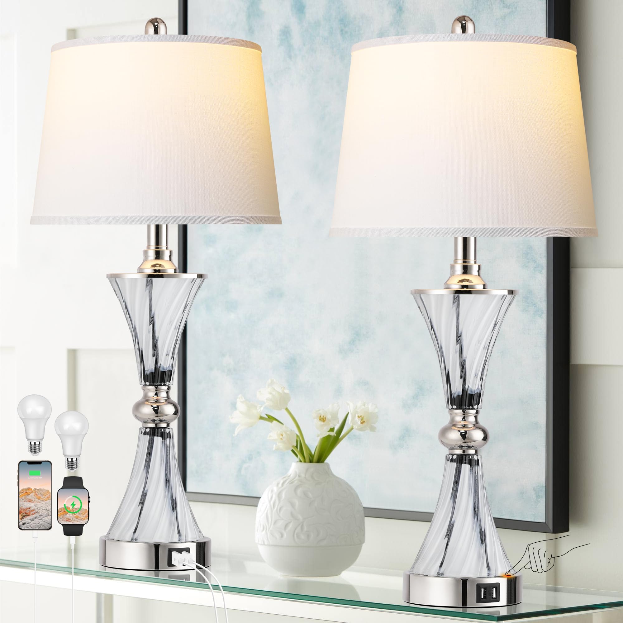 3-Way Dimmable Touch Coastal Glass Bedside Table Lamps for Bedroom Set of 2 with 2 USB ports ...