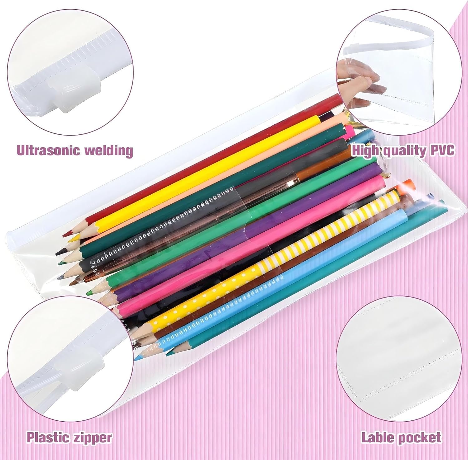 Marspark 100 Pieces Clear Pencil Case Zipper Envelope Bulk with Label Pocket Clear Plastic Envelopes with Zippered, A6 Pencil Bags for Cash, Office Supplies, 9.2 x 4.7 Inches(White)