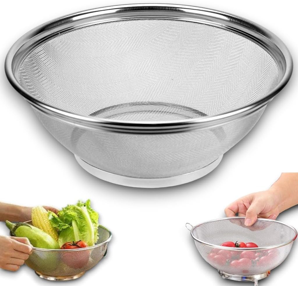 Escorredor de Aço Inoxidável Premium, 20 cm de Diâmetro, com Pé e Alças, para Lavar
