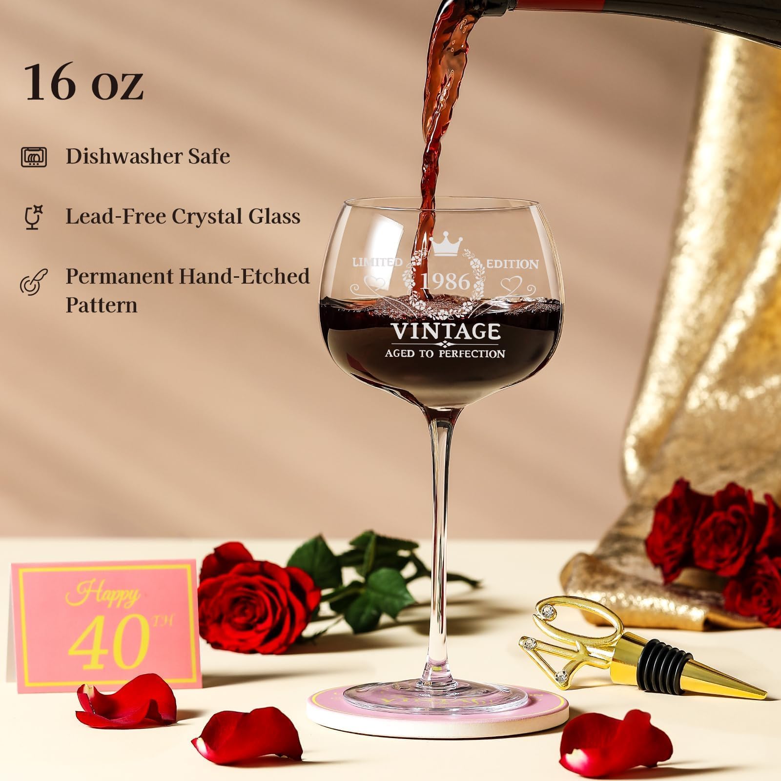 40th Birthday Gifts for Her - Limited Edition Wine Glass Gift Box Set​ - Unique 40th Bday Gifts Ideas for Women, Friends, Sister, Mom, Wife, Daughter - 40 Years Old Gift, Party Decorations Supplies