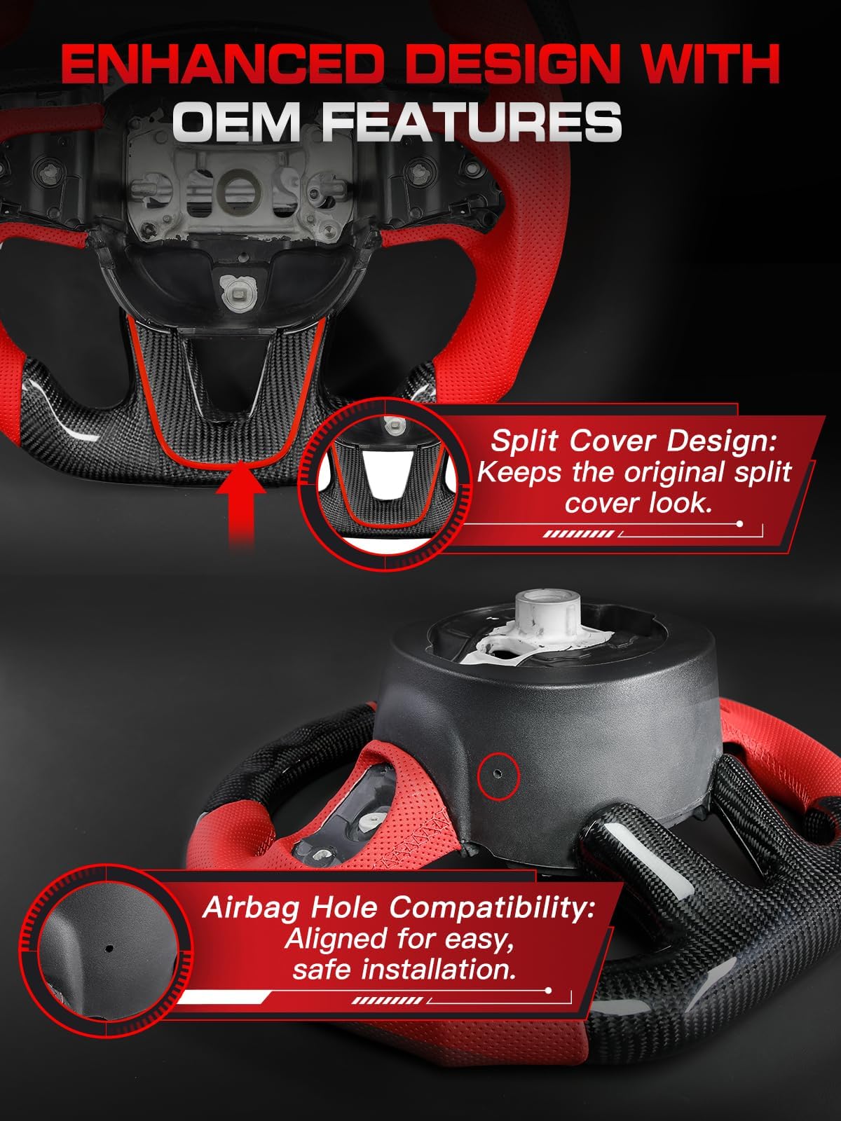 Carbon Fiber Steering Wheel for Dodge Challenger for Charger 2015-2024, Red Perforated Leather & Stitching Steering Wheel with Flat-Bottom D-Shaped Design Fits for SXT/GT/RT/SRT/for Hellcat