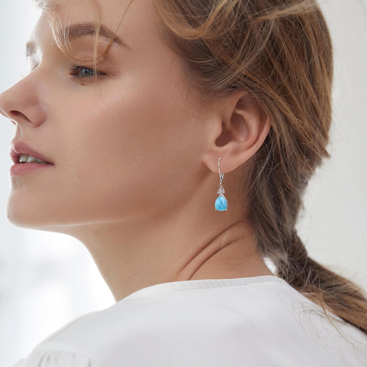 MDFUN 925 Sterling Silver Natural Larimar Earrings for Women Hypoallergenic Dangle Drop Blue Gemstone Leverback Jewelry - Image 3