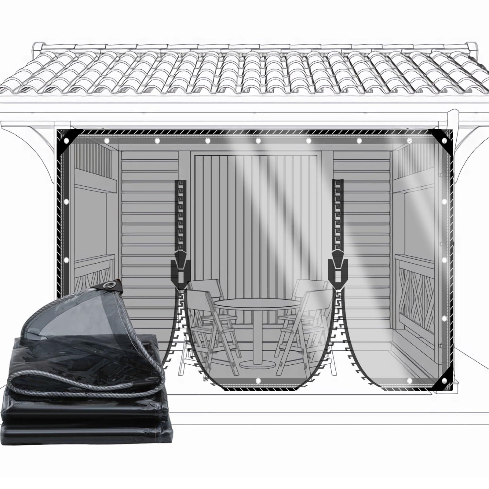CAQXAQP Clear Heavy Duty Tarpaulin with 2 zip– 600gsm Waterproof Tarp PVC 2.2mx4.2m with Eyelets– Black Transparent Gazebo Side Panels for Pergola Garden & Balcony Rain Cover