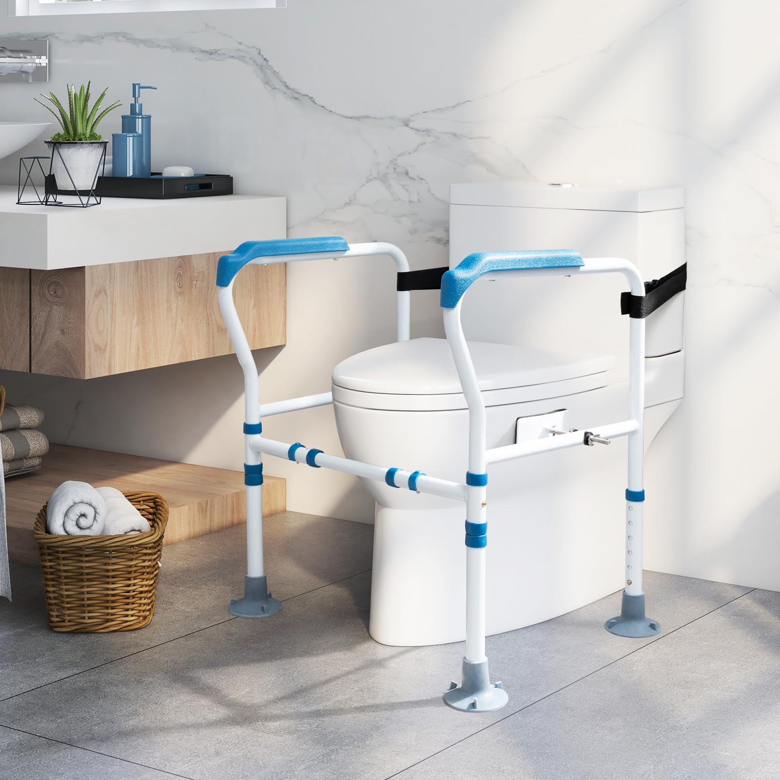 HOMASIS Rialzo WC per Anziani Regolabile in Altezza a 6 Posizioni, Maniglione Bagno Disabili con Piedini Antiscivolo, Alzawater per Anziani e Disabili, Fino a 136 kg, 68 x 49,5 x 78 cm (Blu)