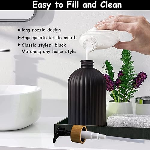Miniatura 3 de Juego de dispensador de jabón de vidrio negro con bomba de bambú, dispensador de jabón líquido recargable de 13.5 onzas, dispensador de jabón para