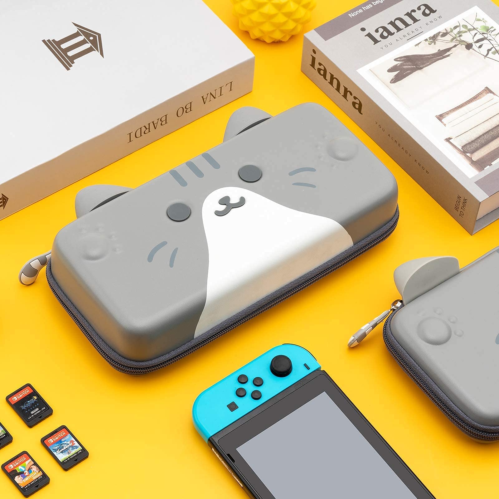 GeekShare Étui de Transport avec Oreilles de Chat pour Nintendo Switch/Switch OLED – Étui de Transport Portable Fin et Rigide pour Console Switch OLED et Accessoires, Gris, L