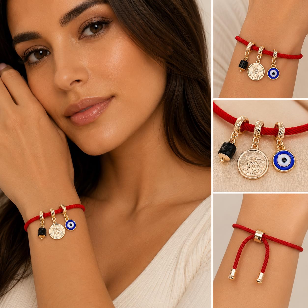 LESLIE BOULES Red Charm Bracelet Saint Michael Archangel Medal Genuine Azabache Stone and Blue Evil Eye Pendant