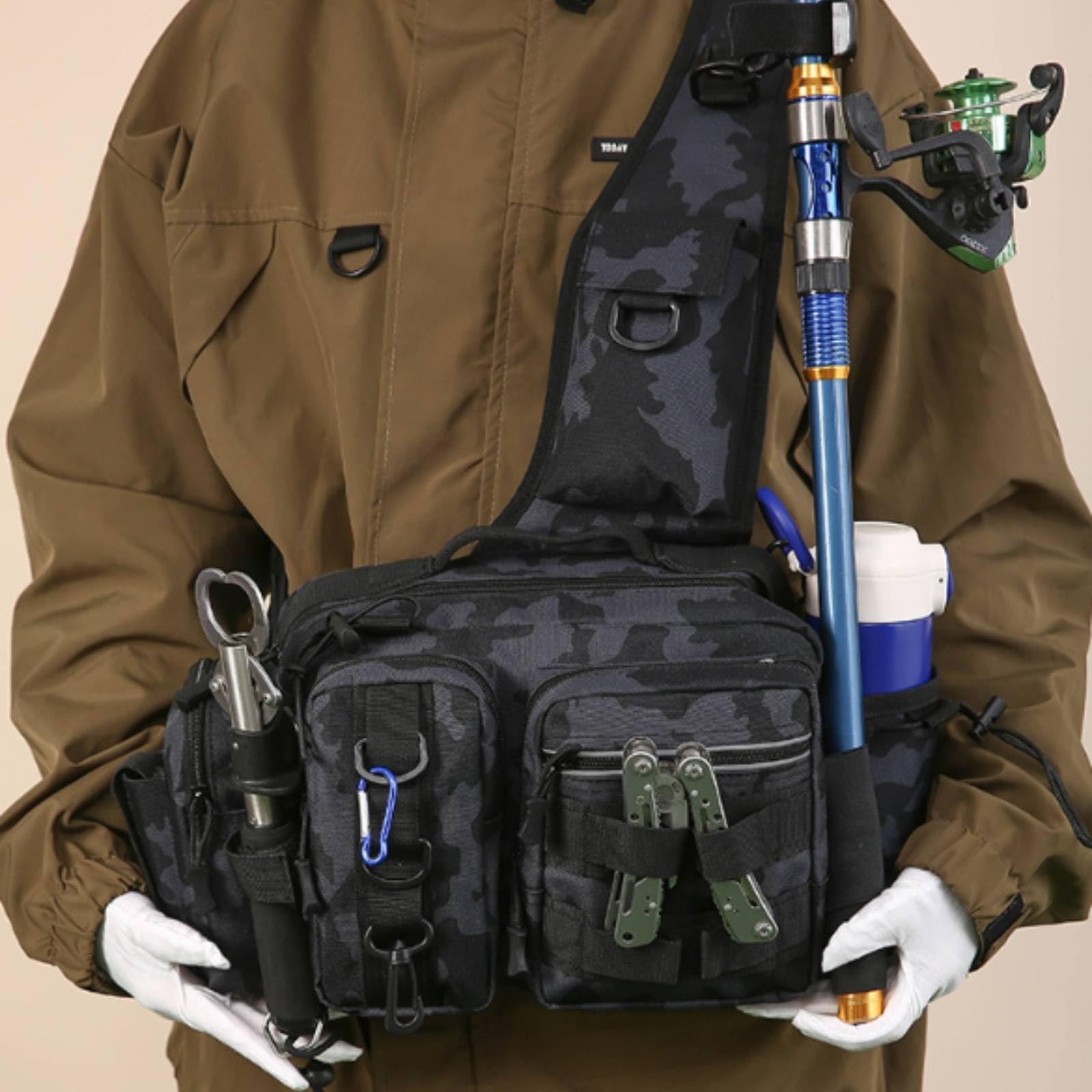 Angeltasche Ködertasche Tacklebag Gürteltasche Umhängetasche Leicht Und Freihändig mit Zipperfächern Klettflächen Metall D Ringen Wasserabweisend für, Array, Schwarz