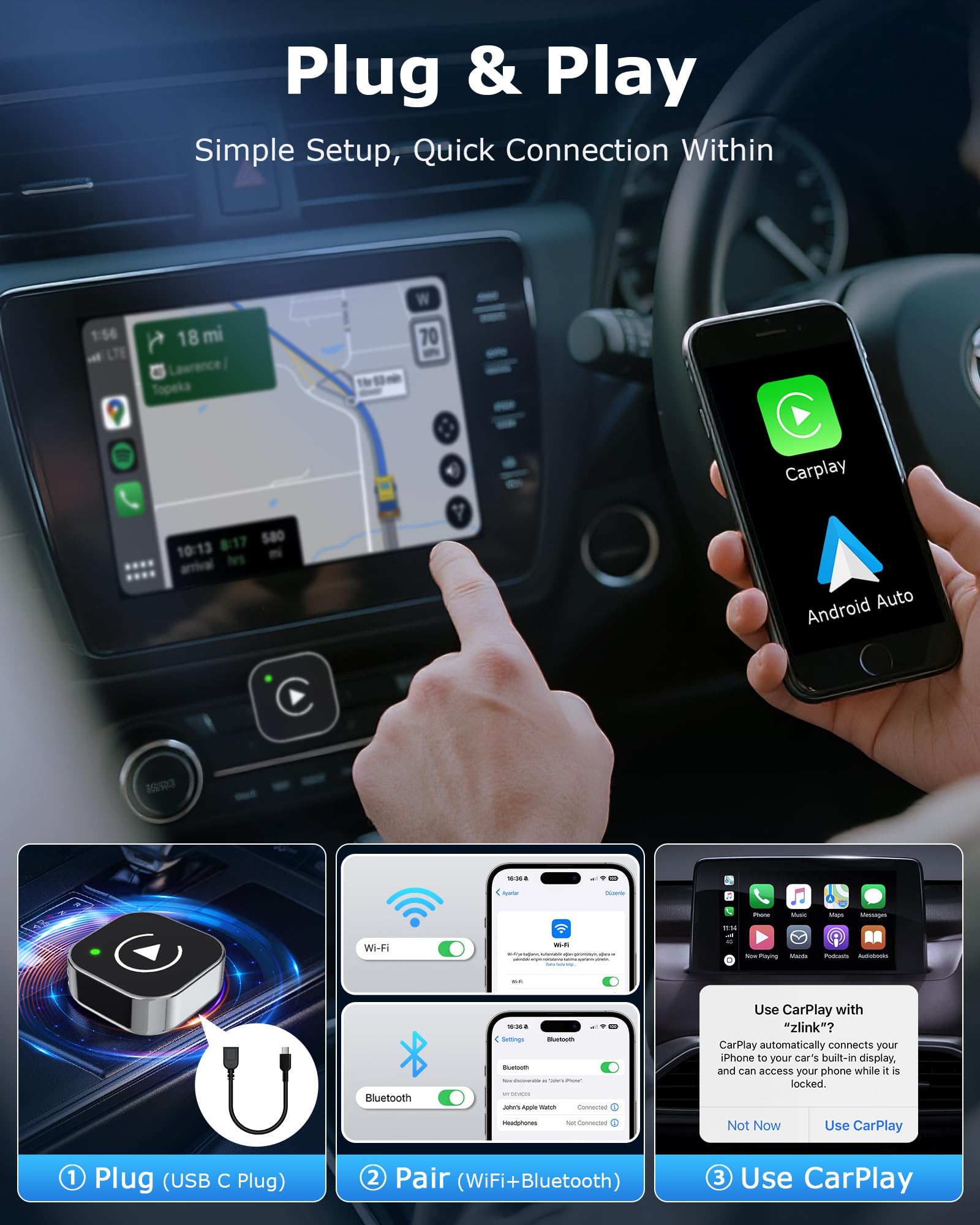 2 en 1 Adaptador Carplay Inalambrico Android Auto para Apple/Android Auto | Plug and Play, Diseño Compacto, Wi-Fi de Doble Banda de 2,4 GHz + 5,8 GHz, Ampliamente Compatible, Conexión Automática