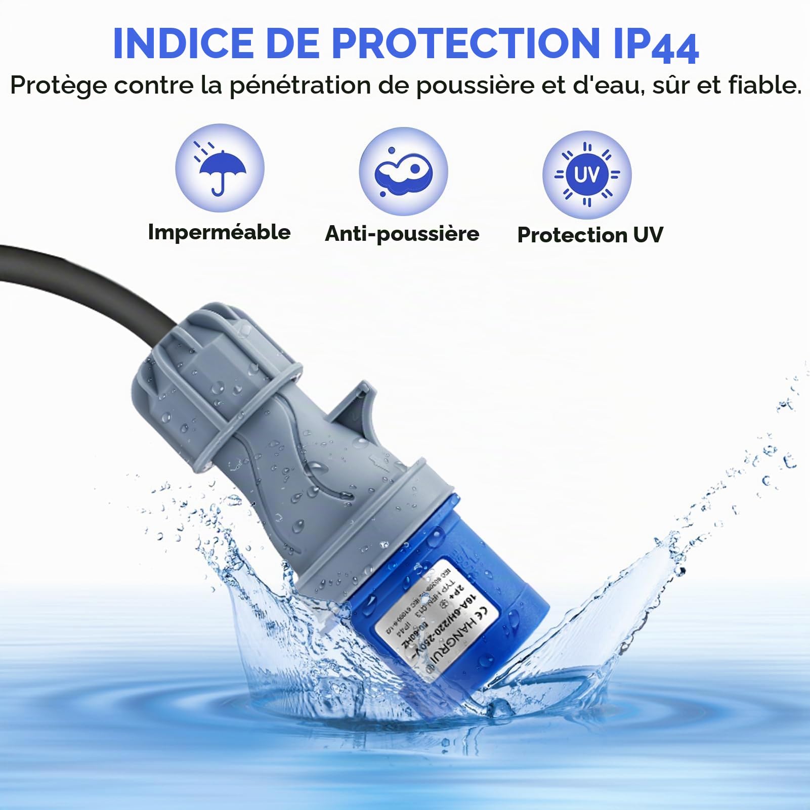 Adaptateur Prise 2 Schuko et 1 CEE 16 A, 250 V, 150 cm | Prise Adaptateur Camping - Adaptateur Prise Caravane - Câble en Caoutchouc H07RN-F 3G1,5 mm² IP44 Câble Adaptateur