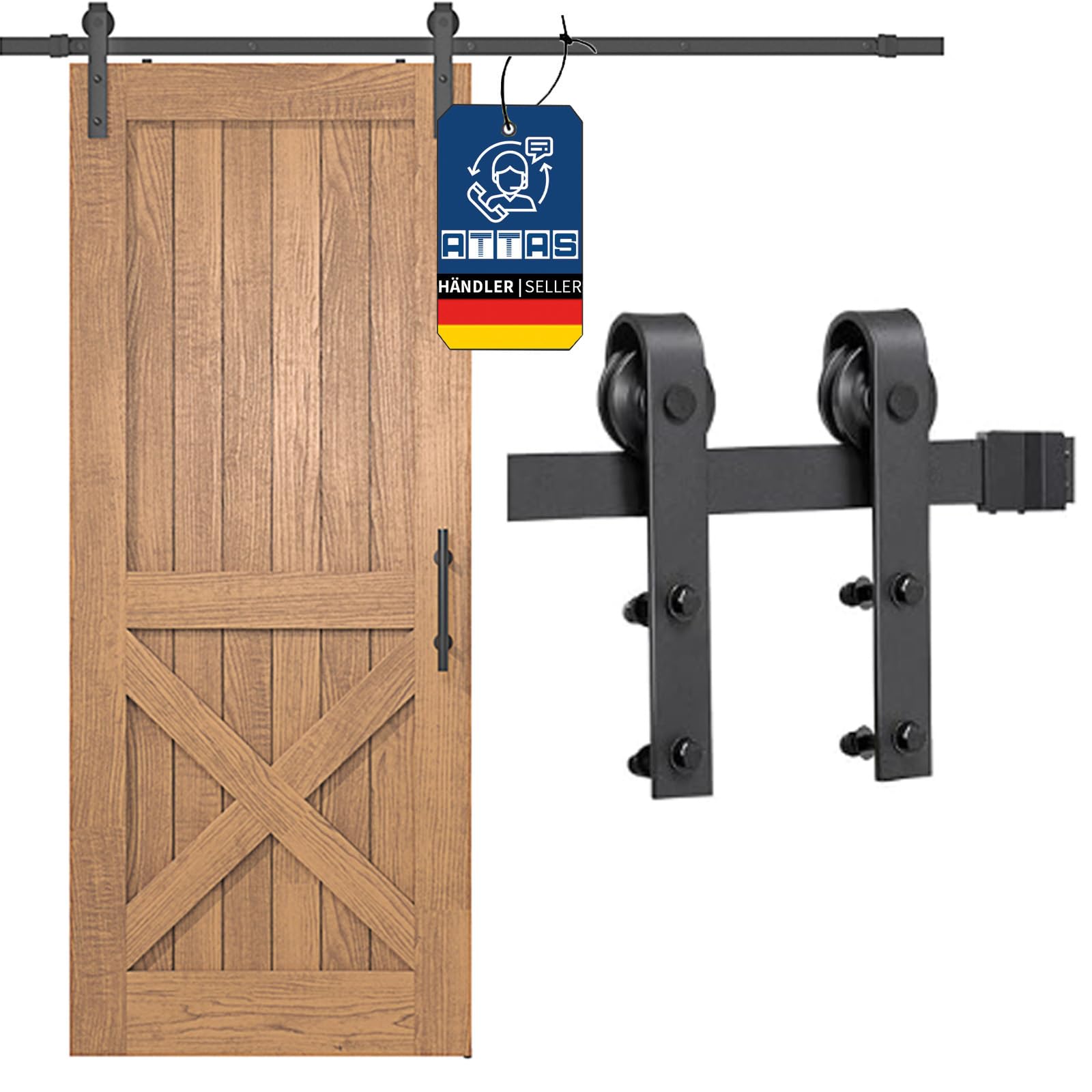 ATTAS Set completo per porta scorrevole, 200 cm, per porte in legno, binario con ruote e guide scorrevoli, con materiale di montaggio e guida a pavimento, guide per porte scorrevoli