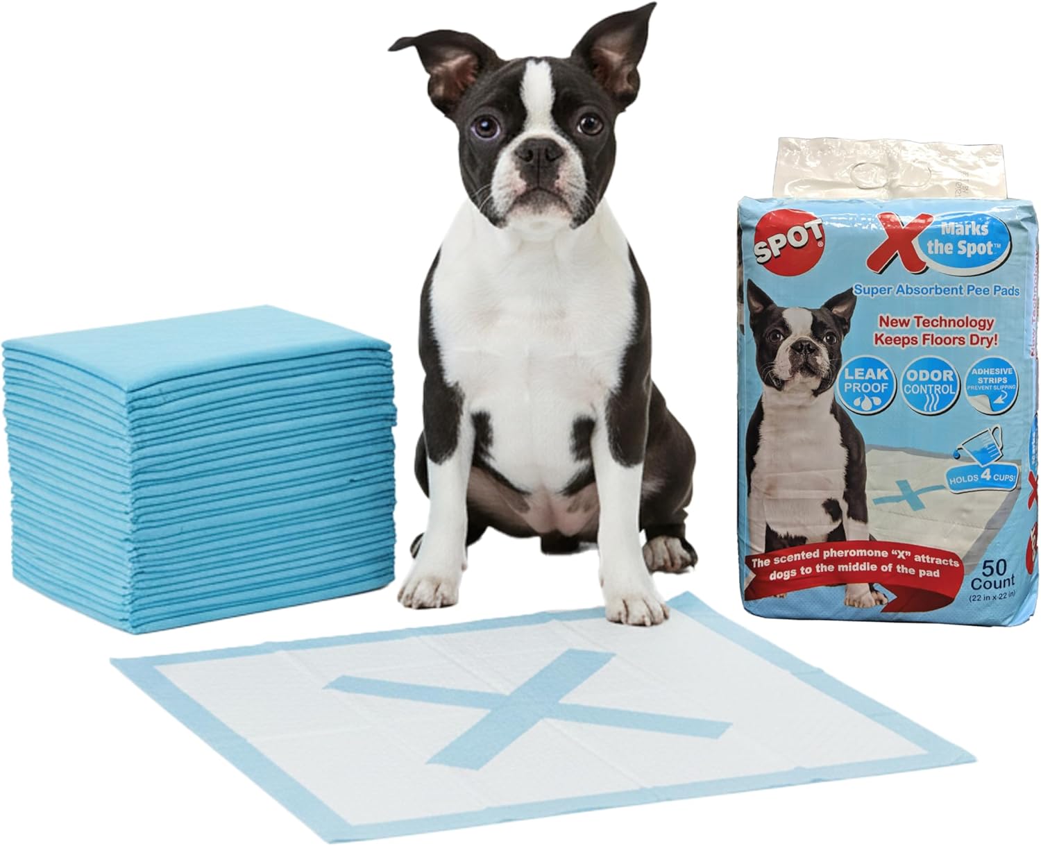SPOT X Marks The Spot Puppy Training Pads – Extra Absorbent, Leak-Proof Dog Pee Pads with Adhesive Strips and Pheromones, Odor Control, 5-Layer Protection, 22 x 22 in, 100-Count
