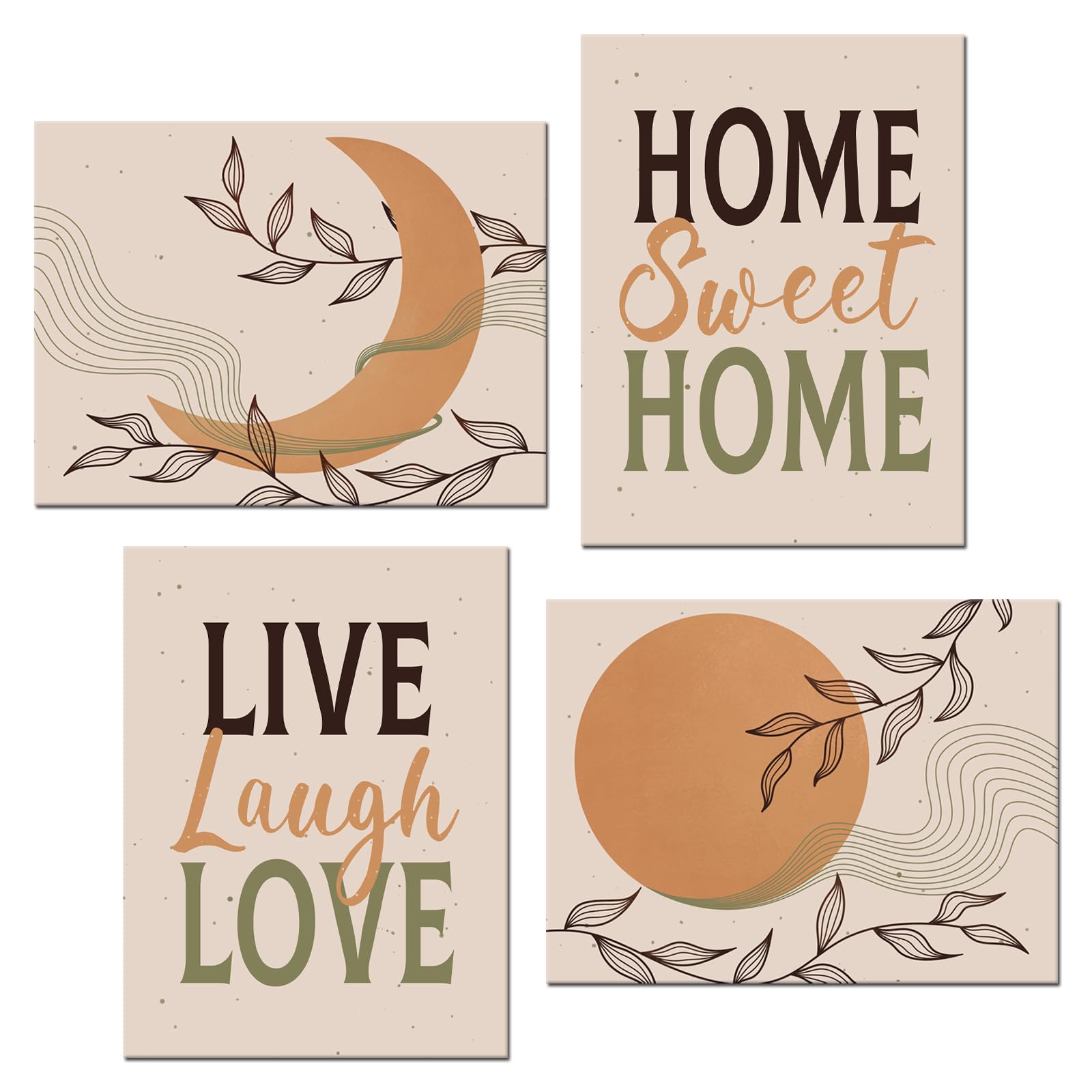 KREATIVE ARTS Abstract Boho Wall Art Set of 4 Mid-Century Sun and Moon Canvas Prints with 'Home Sweet Home' & 'Live Laugh Love' Quotes, 12x16in Framed Artwork for Living Room, Bedroom, Kitchen,