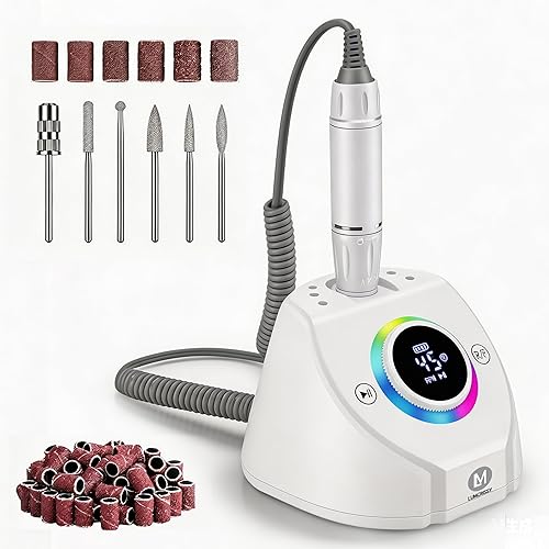 Salon Grade Professional Nail Drill 45000 RPM - Rechargeable Cordless Electric Manicure File Kit with RGB LED Light, 6 Bits & 26 Sanding Bands for Acrylic Gel Nails Home Salon