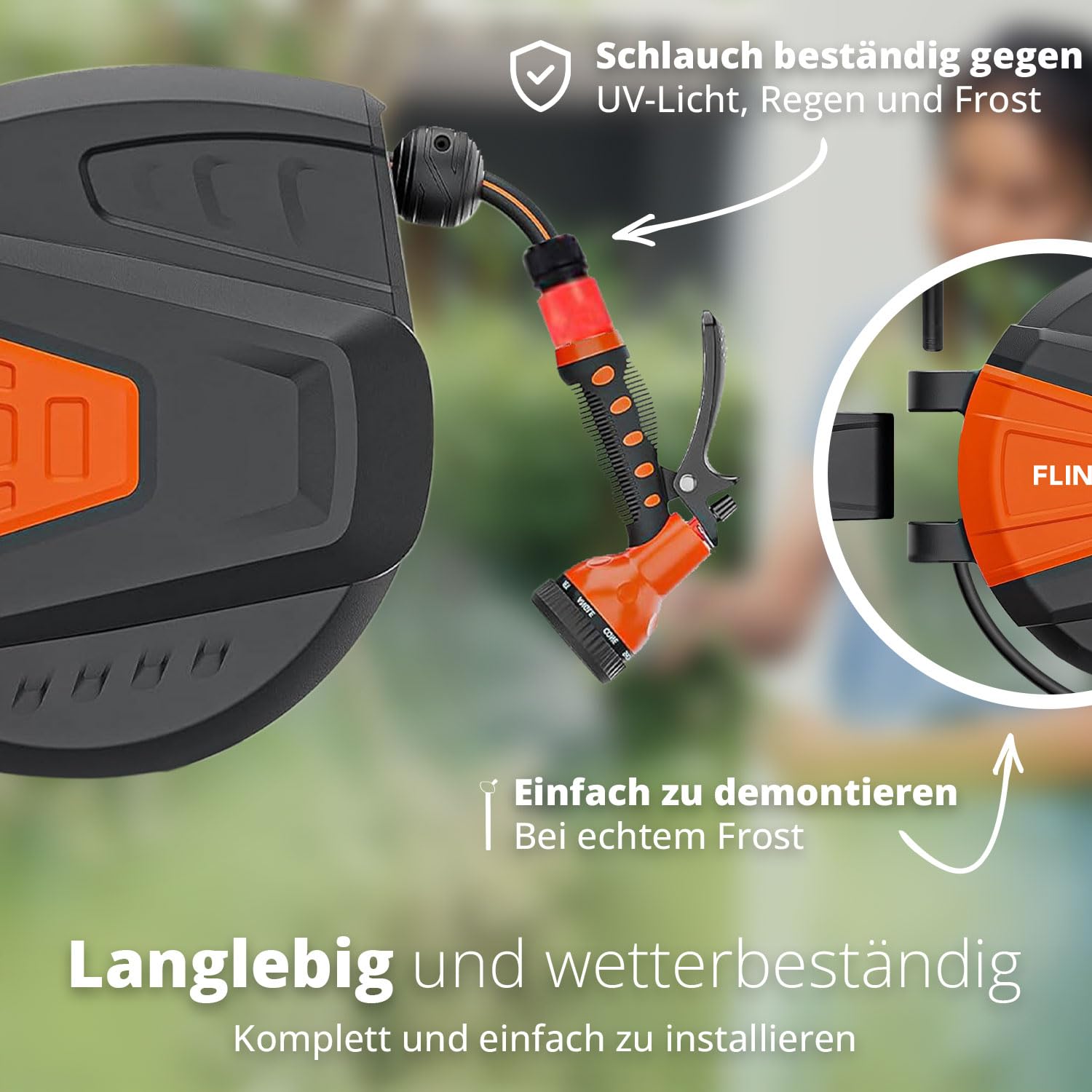 FlinQ 20m Schlauchtrommel Wandmontage - Orange | Gartenschlauch Trommel Automatik 180° Schwenkbar - Schlauchaufroller Wasser mit 9 Funktionen Sprühkopf
