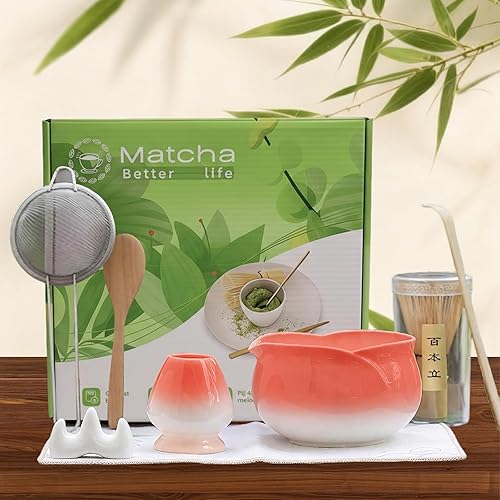 Juego de 8 cuencos de pétalos rojos con boquilla, cuchara de tamiz Chasen de bambú, soporte para batidor, paño de té, kit completo de fabricación de