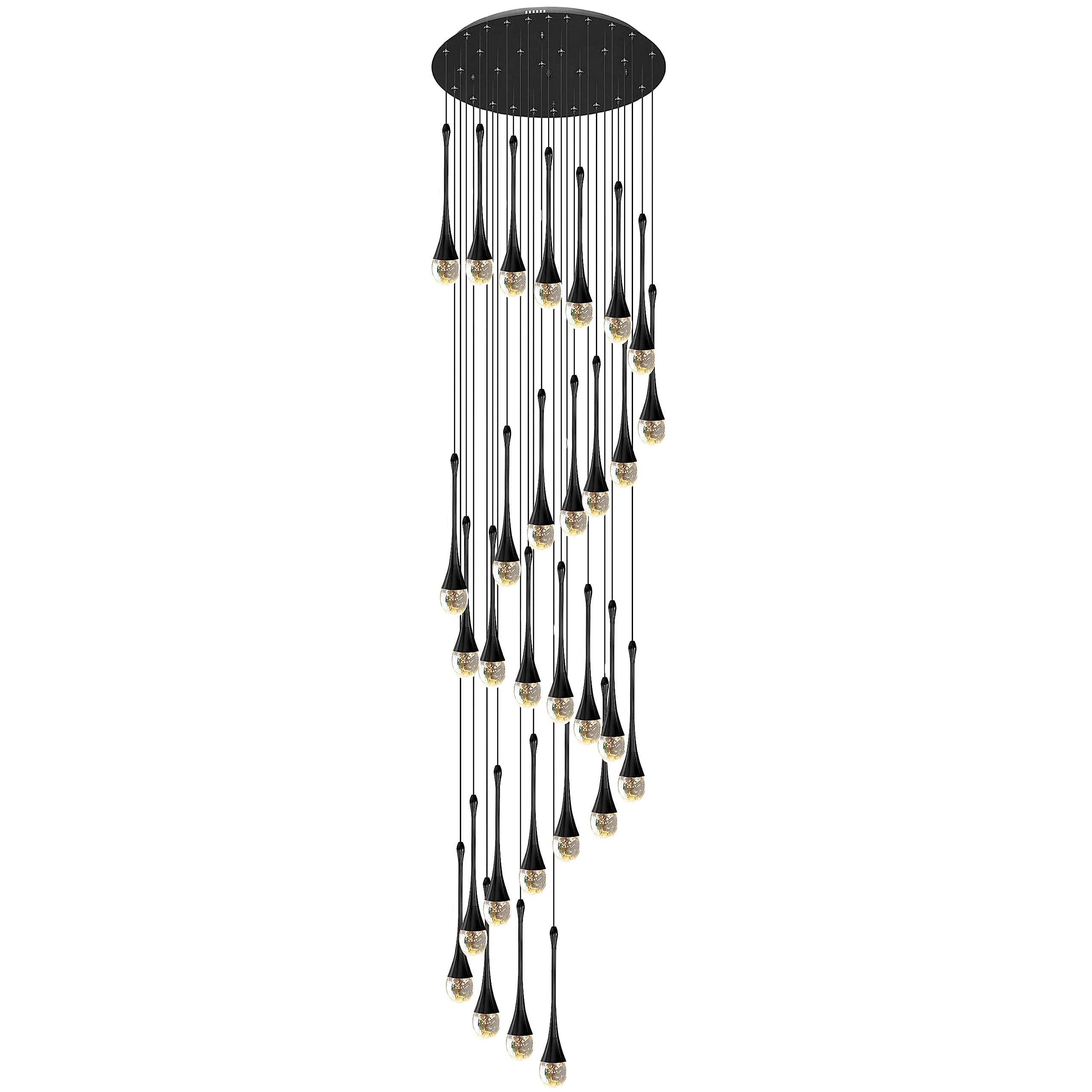 KXEcoLife 30-Light LED Chandeliers Dimmable 3CCT High Ceiling Crystal Pendant Lights Fixtures 19fts (6m) Raindrop Spiral Dome Long Chandelier For Foyer Entryway Stairwell Lighting